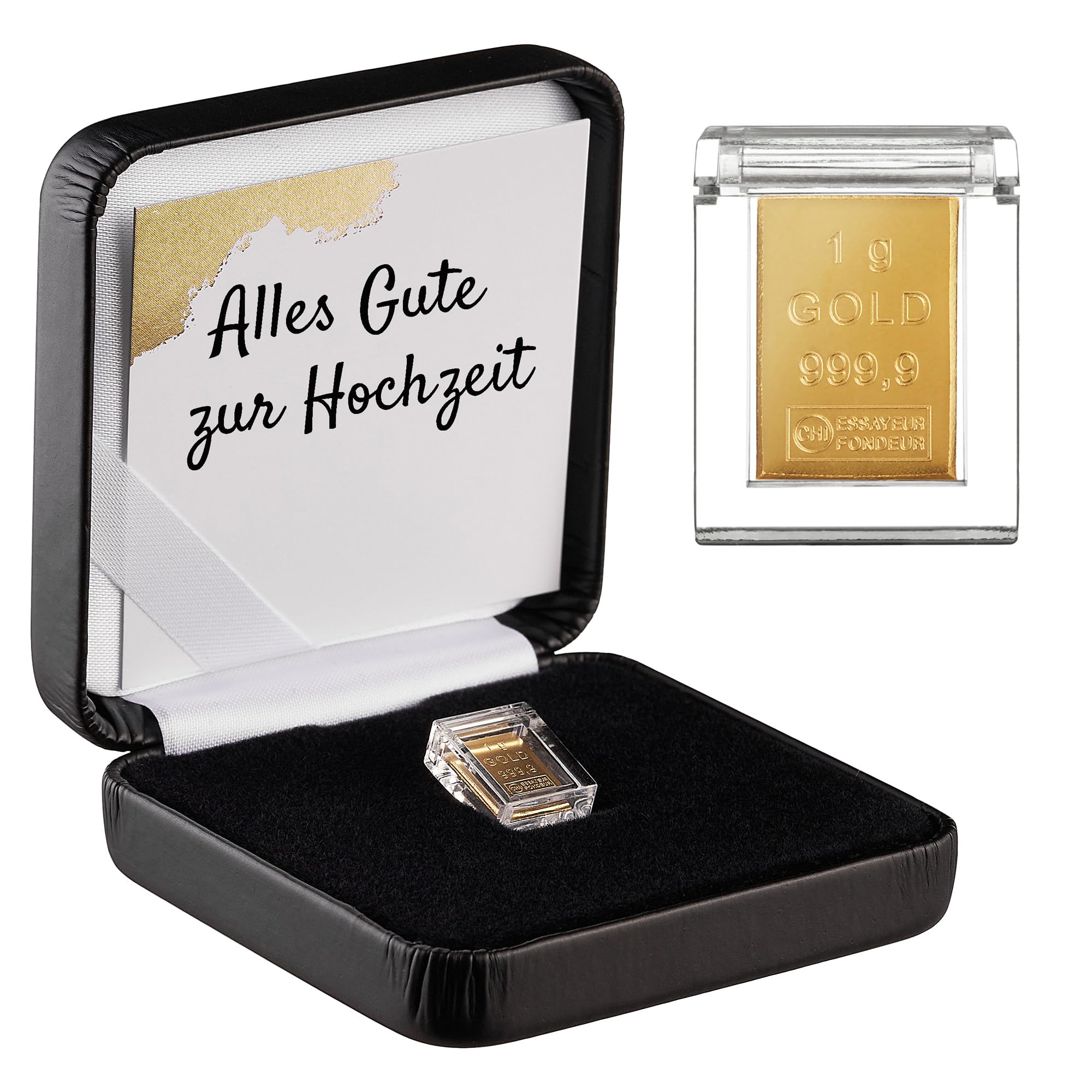 Goldstücke24 - Geschenk zur Hochzeit - Goldbarren 1g in hochwertiger Acrylglaskapsel inkl. Etui (schwarz) und Grußkarte - Gold zur Hochzeit verschenken