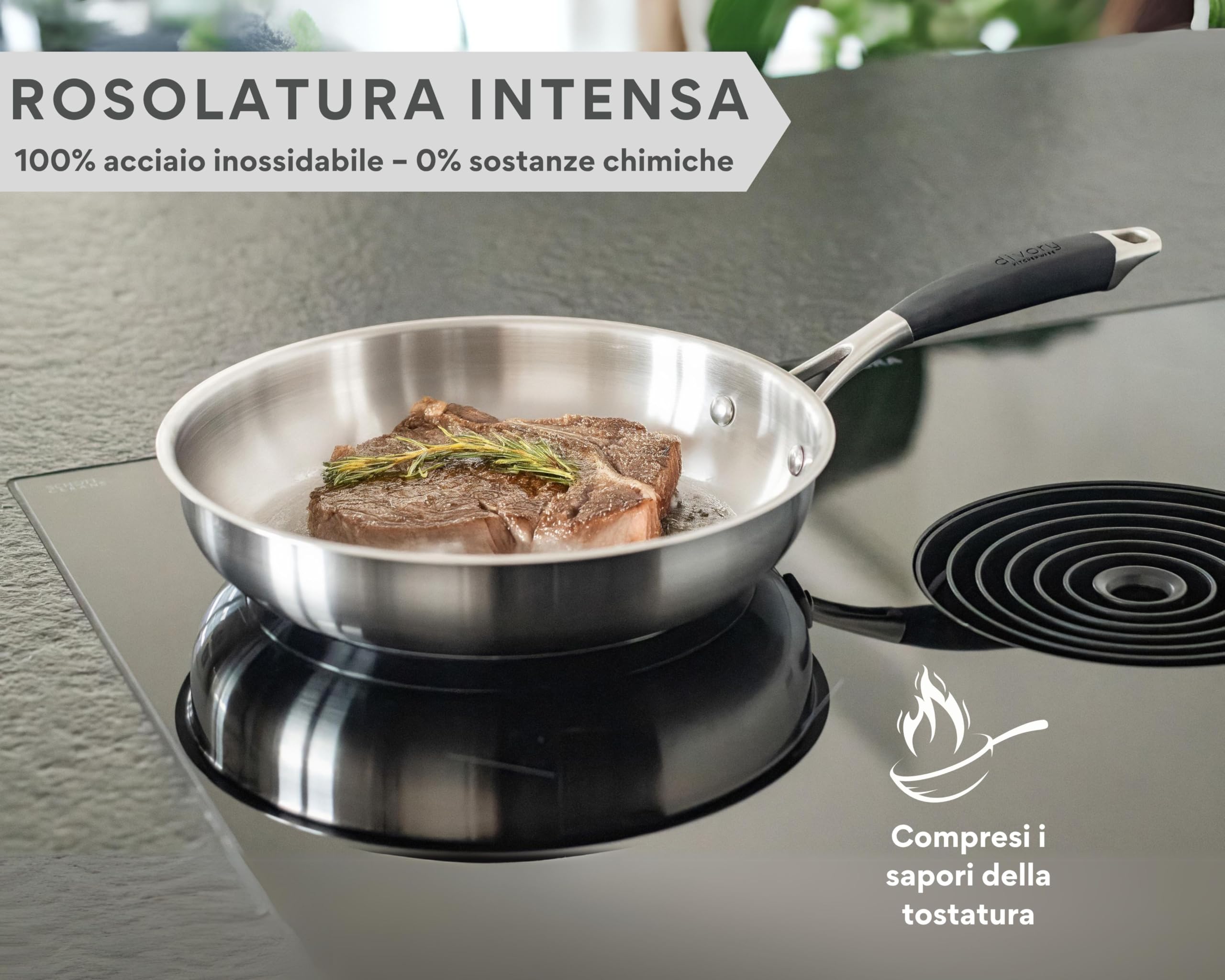 DIVORY Set di padelle in acciaio inox da 20, 24 e 28 cm – Padelle senza rivestimento, prive di PTFE e PFOA, in acciaio inossidabile (PURA)