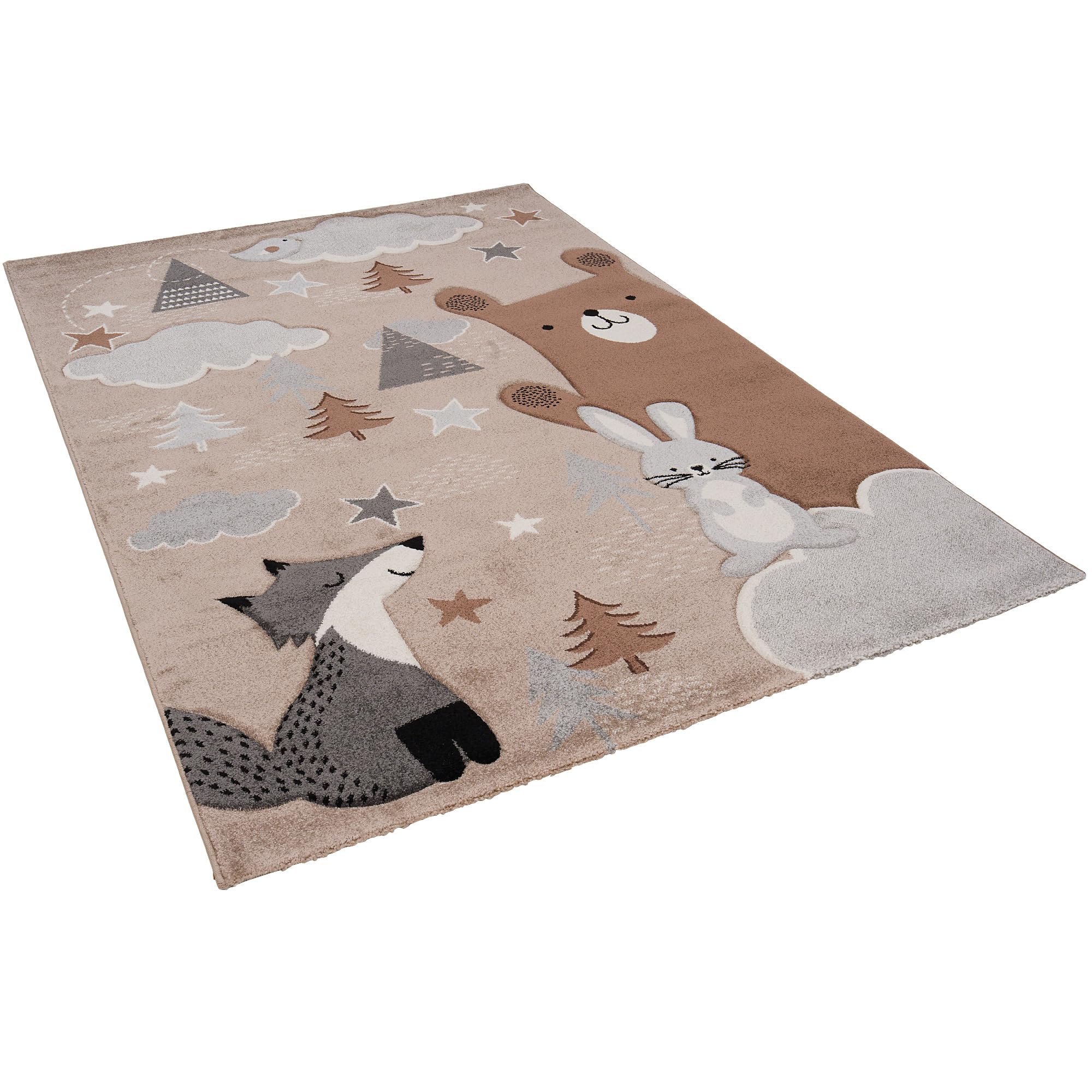 Pergamon Tapis Enfant Grsi Beige Maui Kids Renard et Ours, Tapis à Poils Courts pour Chambre d'enfant, Disponible en 5 Tailles