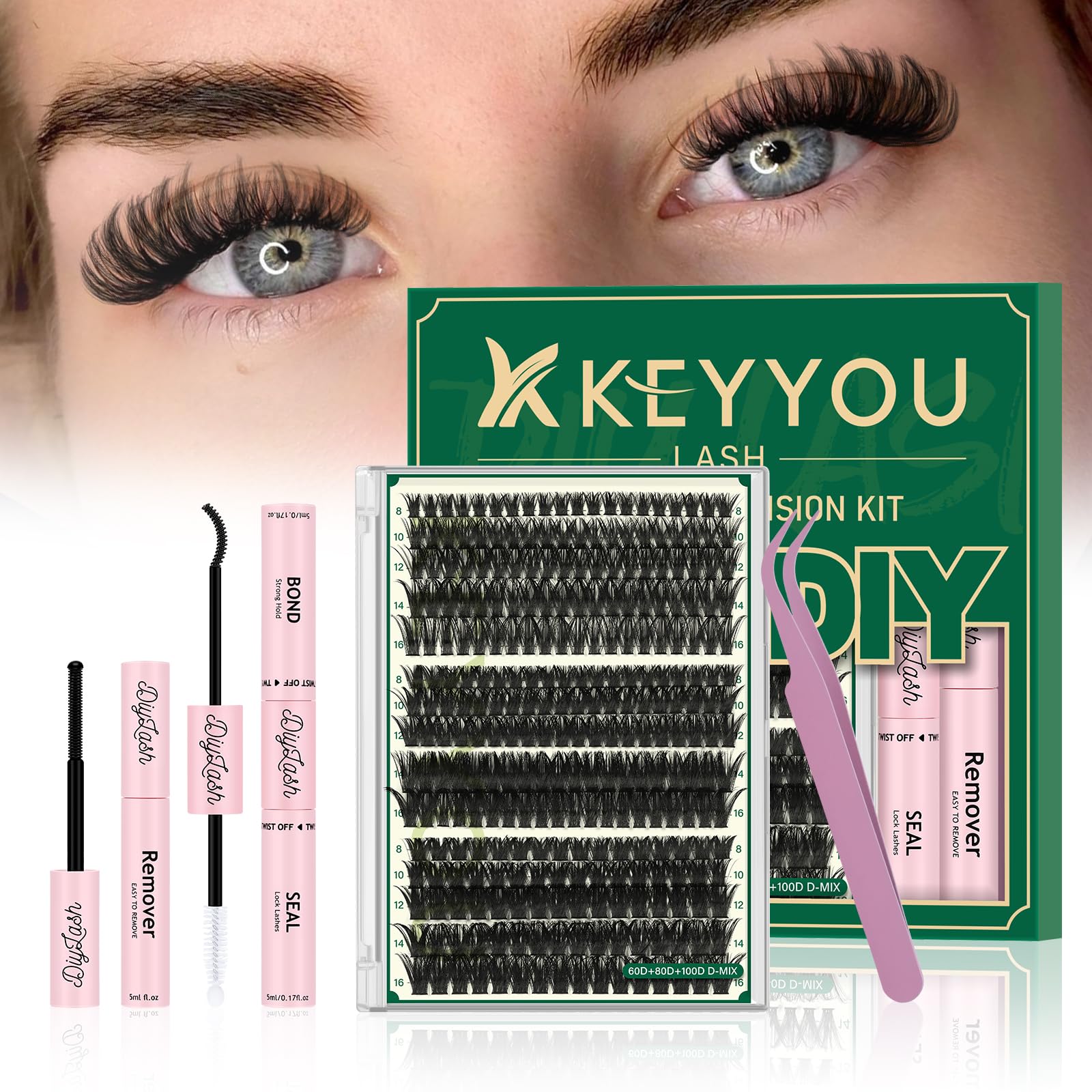 KEYYOU LASH Kit di estensione ciglia per ciglia fai da te 300 pezzi singolo Kit di estensione ciglia 60D80D100D D Curl 8-16MIX riccioli per ciglia con rimozione colla applicatore per principianti (Kit