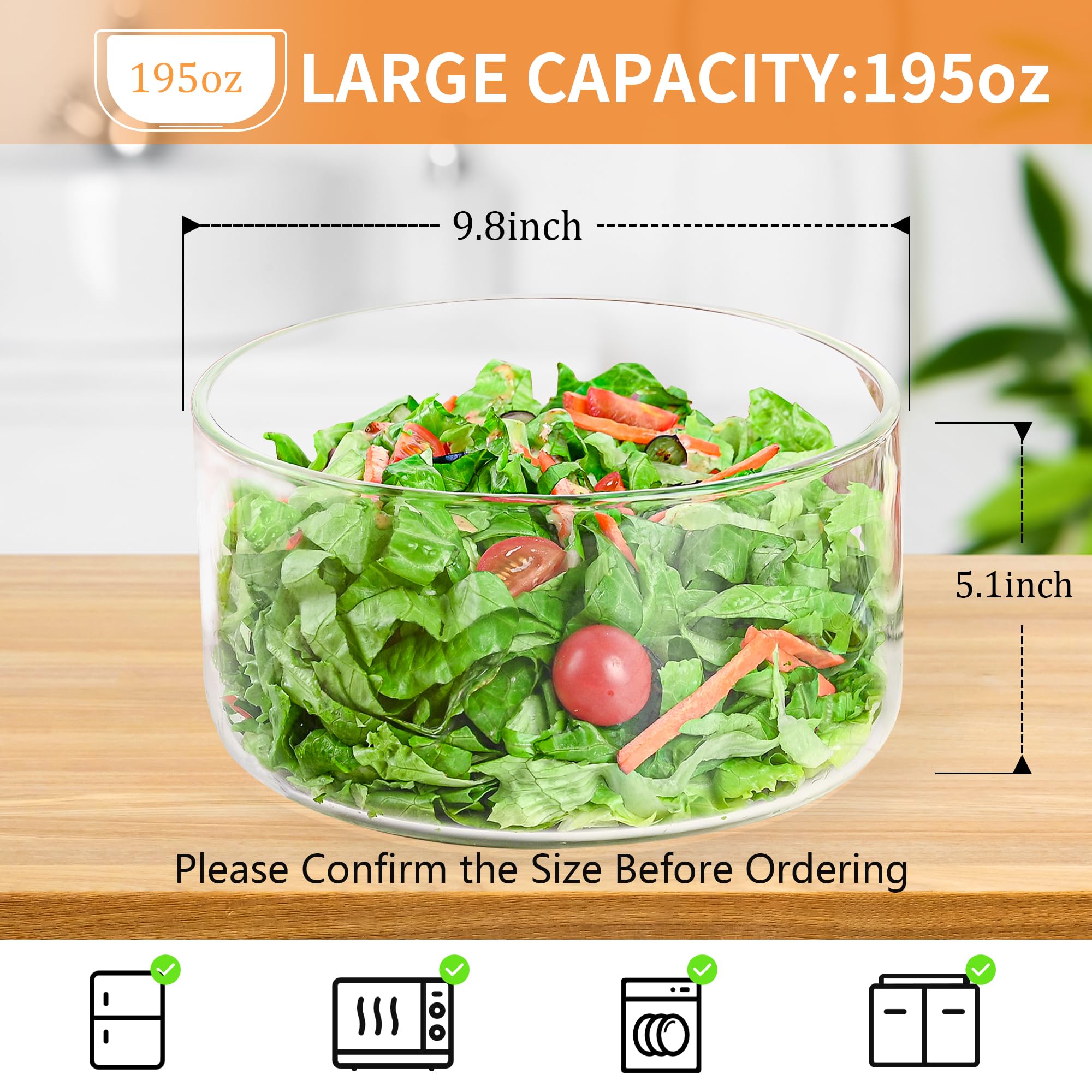 Cuenco grande de vidrio de 5,528.2 g, cuenco grande de 9.8 pulgadas con tapa, cuenco de vidrio transparente para servir ensalada para colocar pasteles de helado, cupcakes, ensaladas, frutas,
