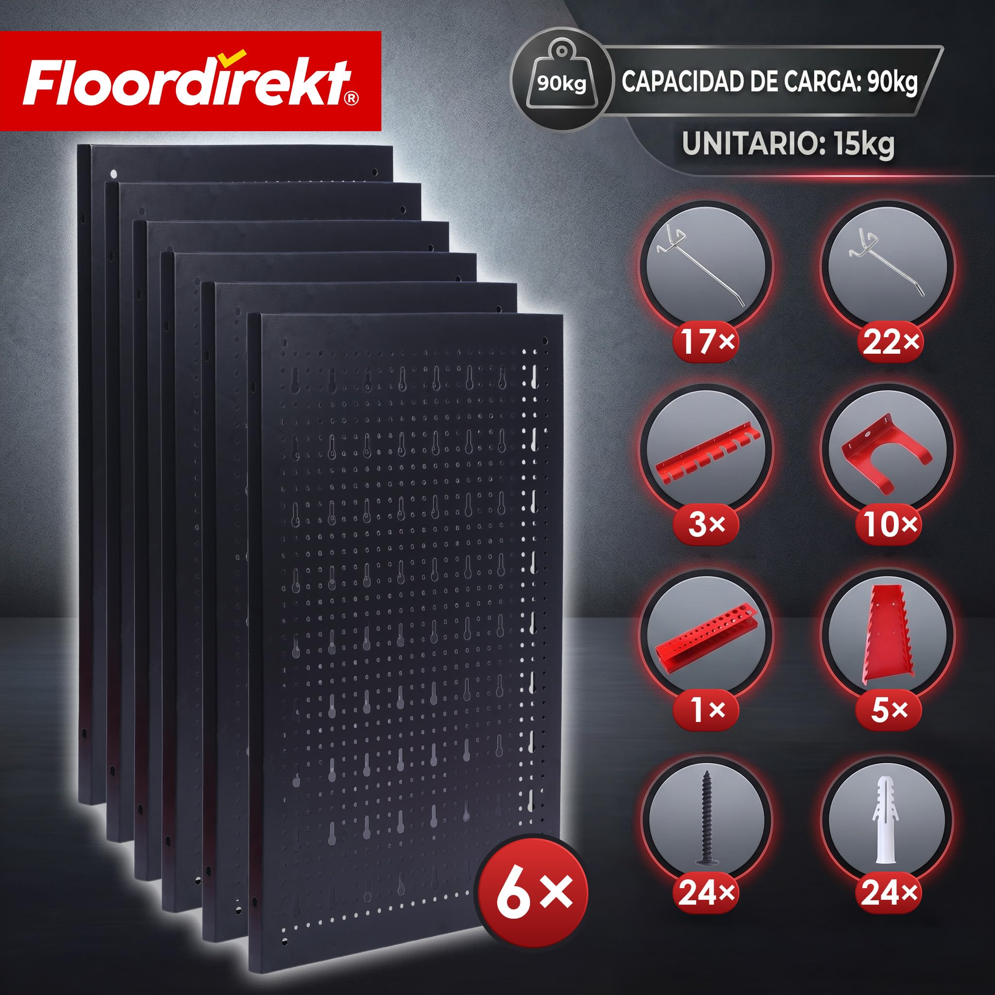 Floordirekt Juego de 6 placas perforadas para herramientas, metal, 240 x 60 cm, para banco de trabajo, garaje, taller