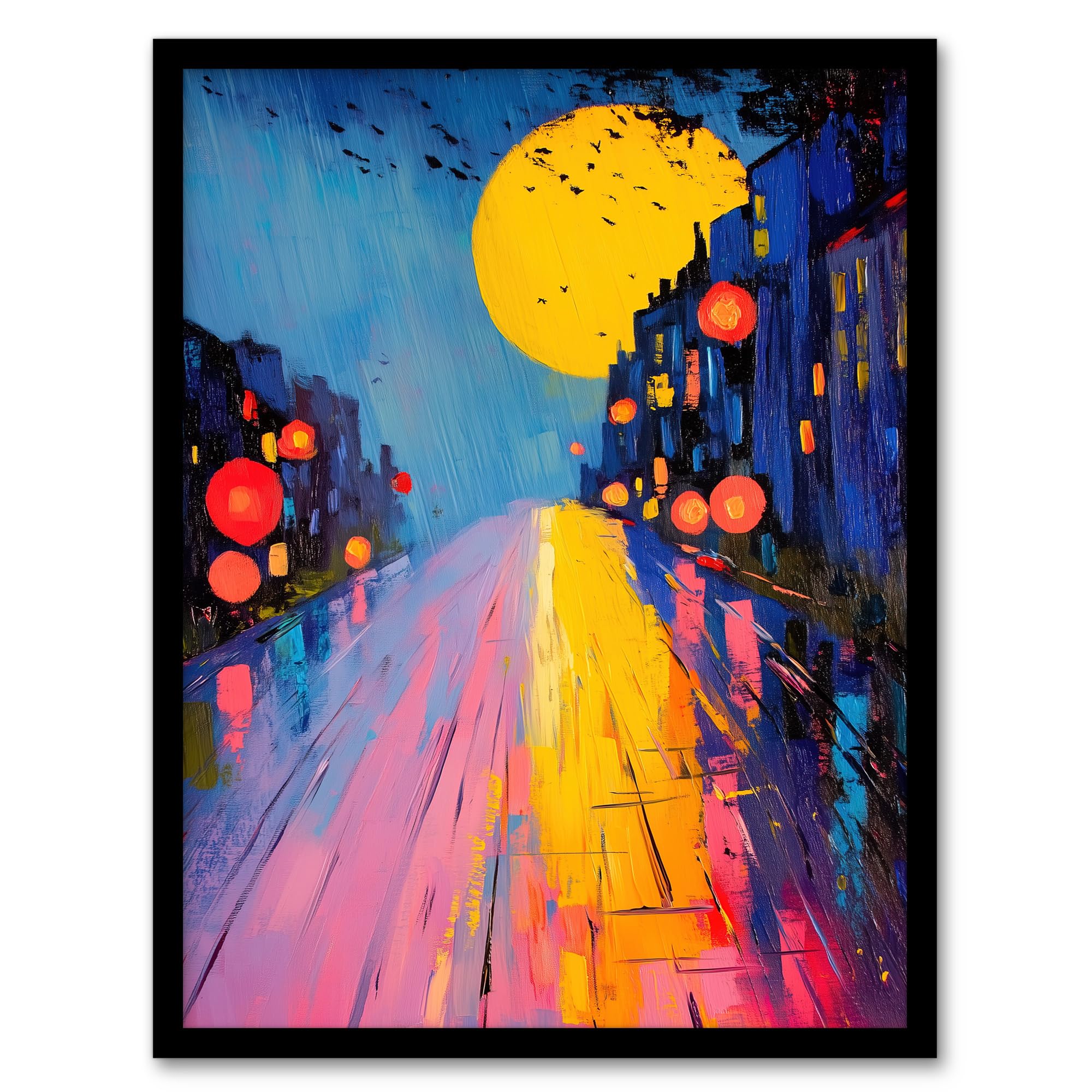 Artery8 Full Moon Night City Street Colourful Abstract Living Room Artwork Framed Wall Art Print A4