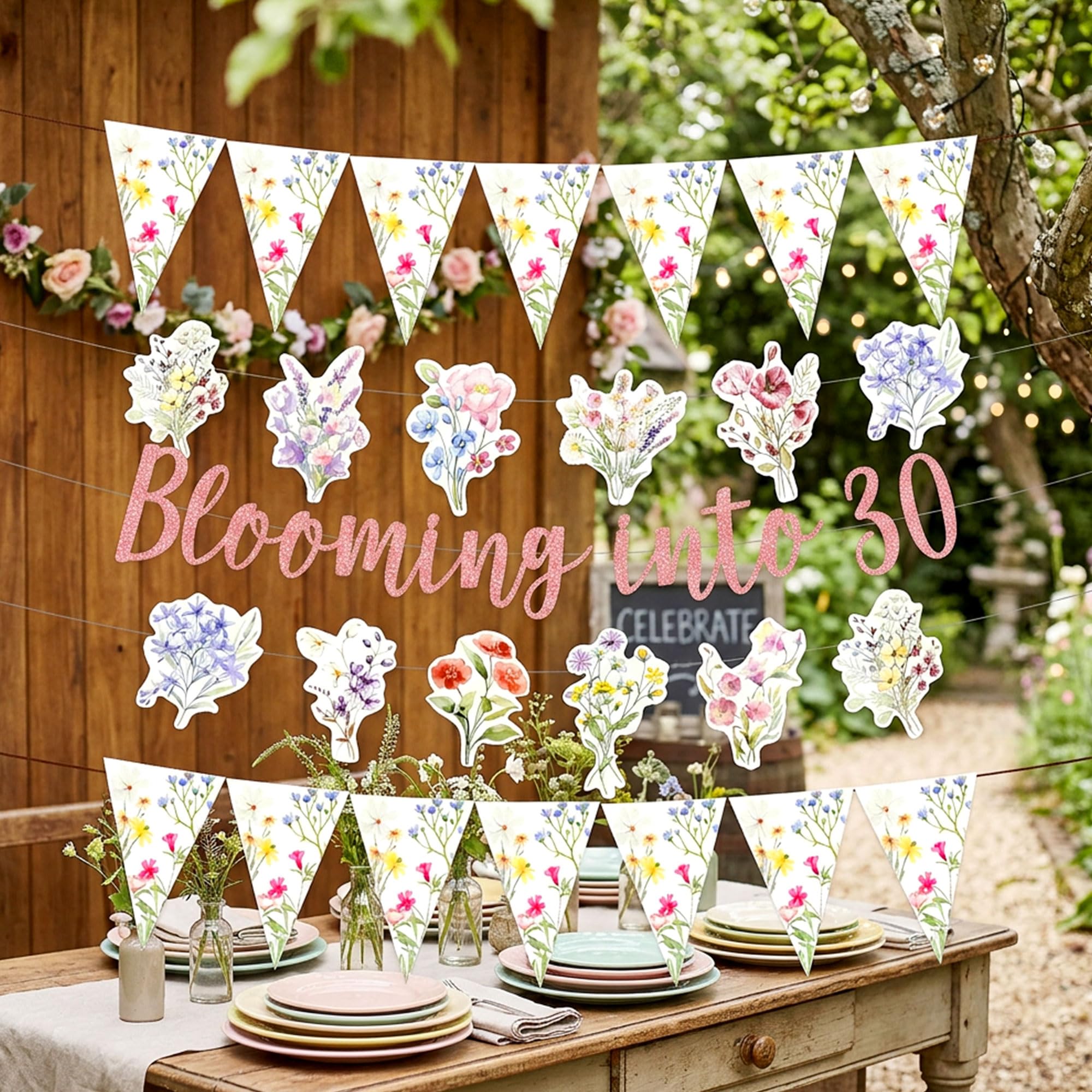 Pink Blooming Into 30 Banner Wildflower Floral 30th Birthday Decorations