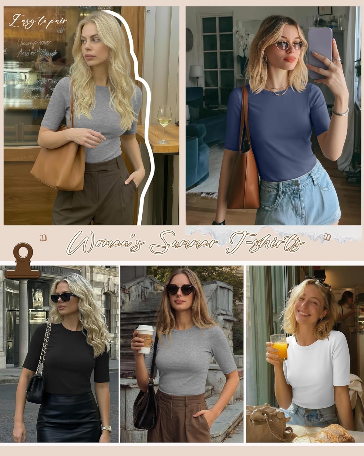 Neer 4 Pack Women's Half Sleeve Tops Elbow Length Slim Fit Crewneck T-Shirts 1/2 Sleeve Casual Summer Basic Tees