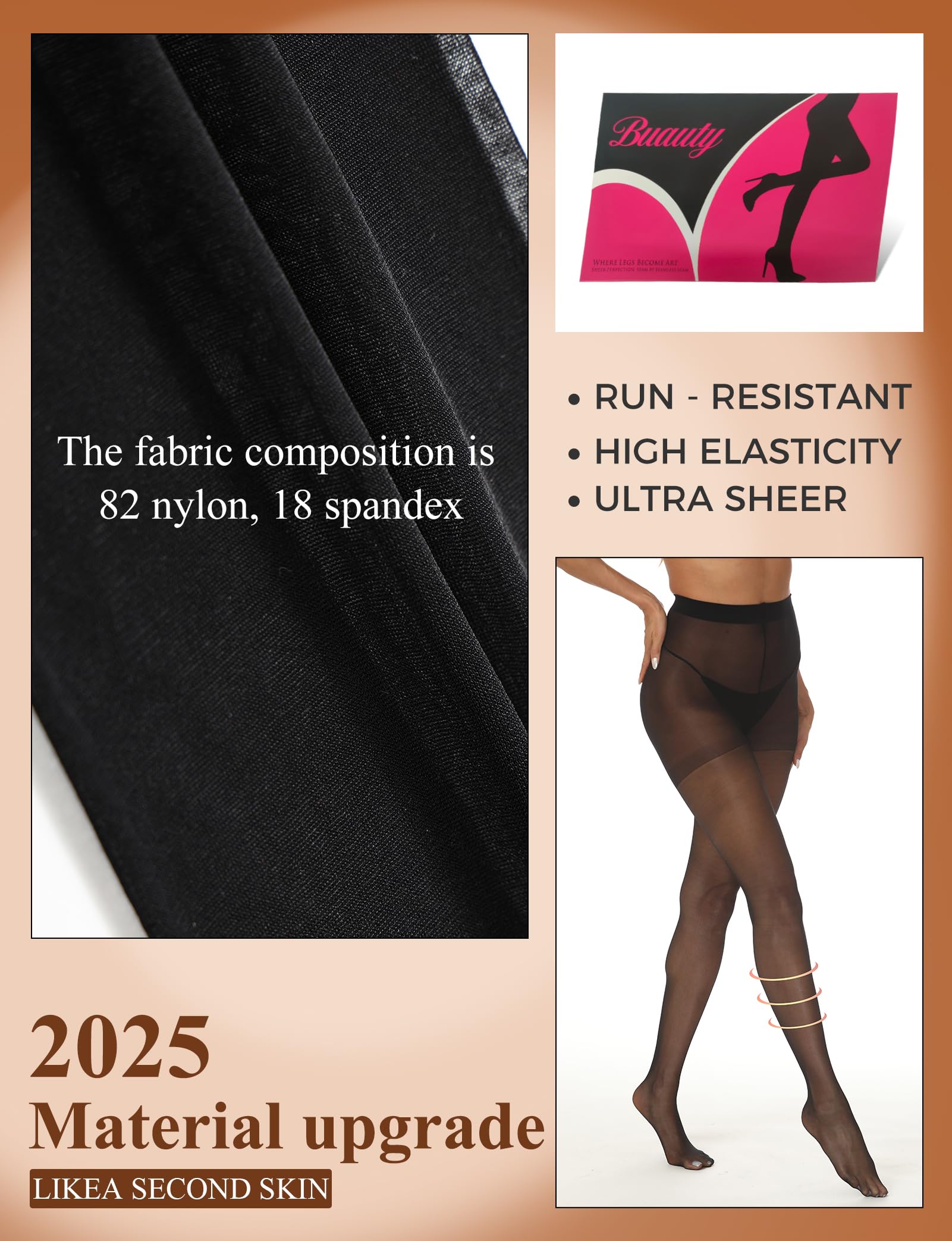 Buauty 2 Pairs Sheer Black Tights for Women -20D High Waist women's Pantyhose,Plus Size Nylon Stockings