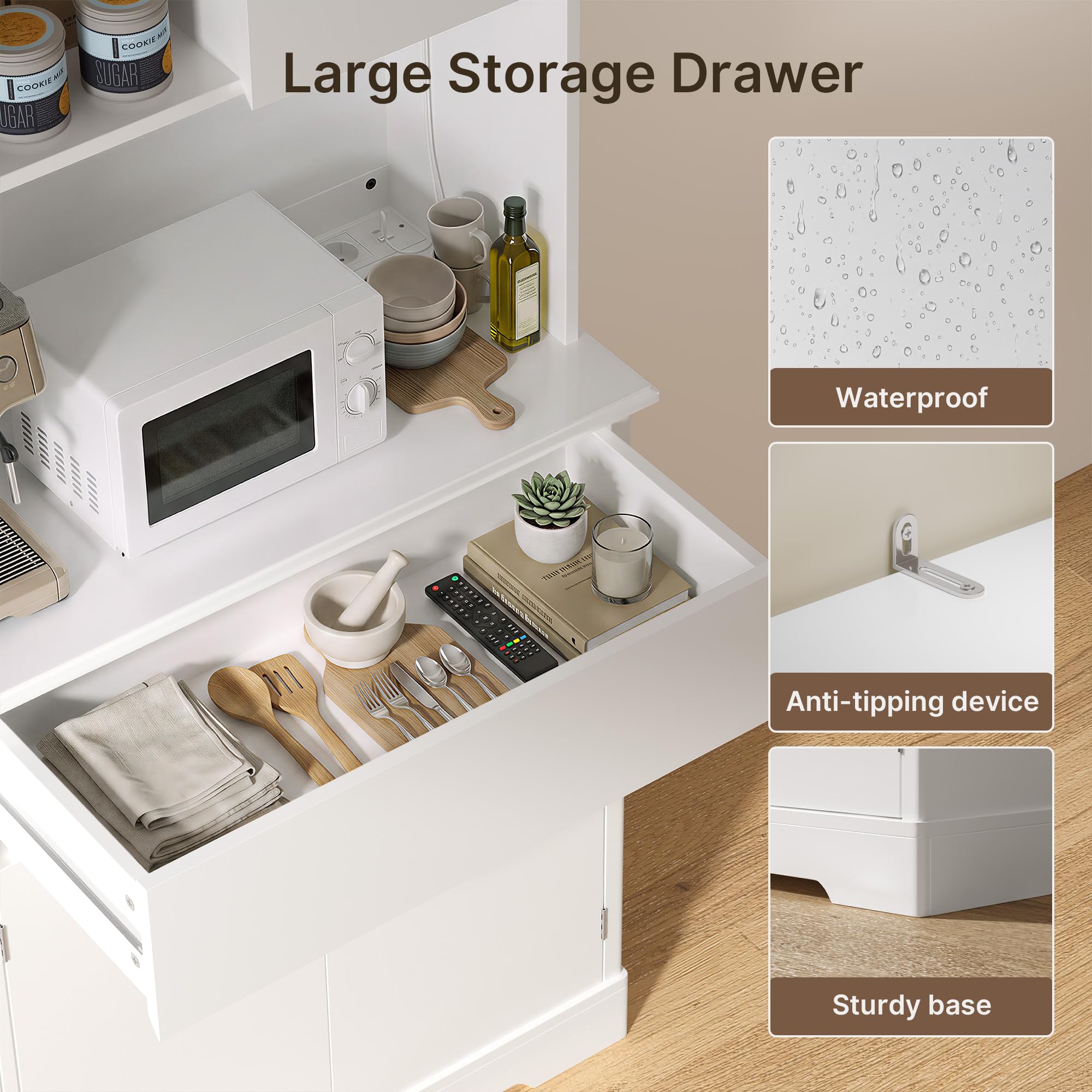Xbro Alacena de Cocina, Mueble Cocina con LED y Enchufe, Blanco | 5 Puertas y 1 Cajones, Regleta, Encimera para Microondas, para Cocina, Comedor, Salón, 172x40x107 cm