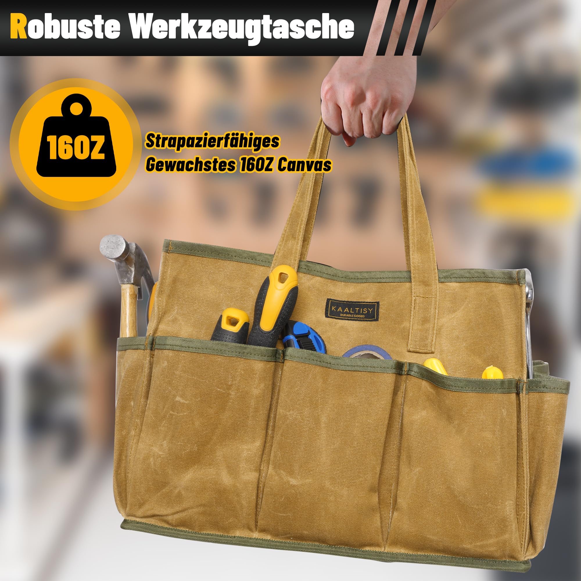Bolsa de herramientas de lona encerada de 16 onzas, 1 bolsa de almacenamiento de herramientas de gran capacidad + 10 ranuras externas, multiusos, reutilizable, para jardinería, juego de carpintería,