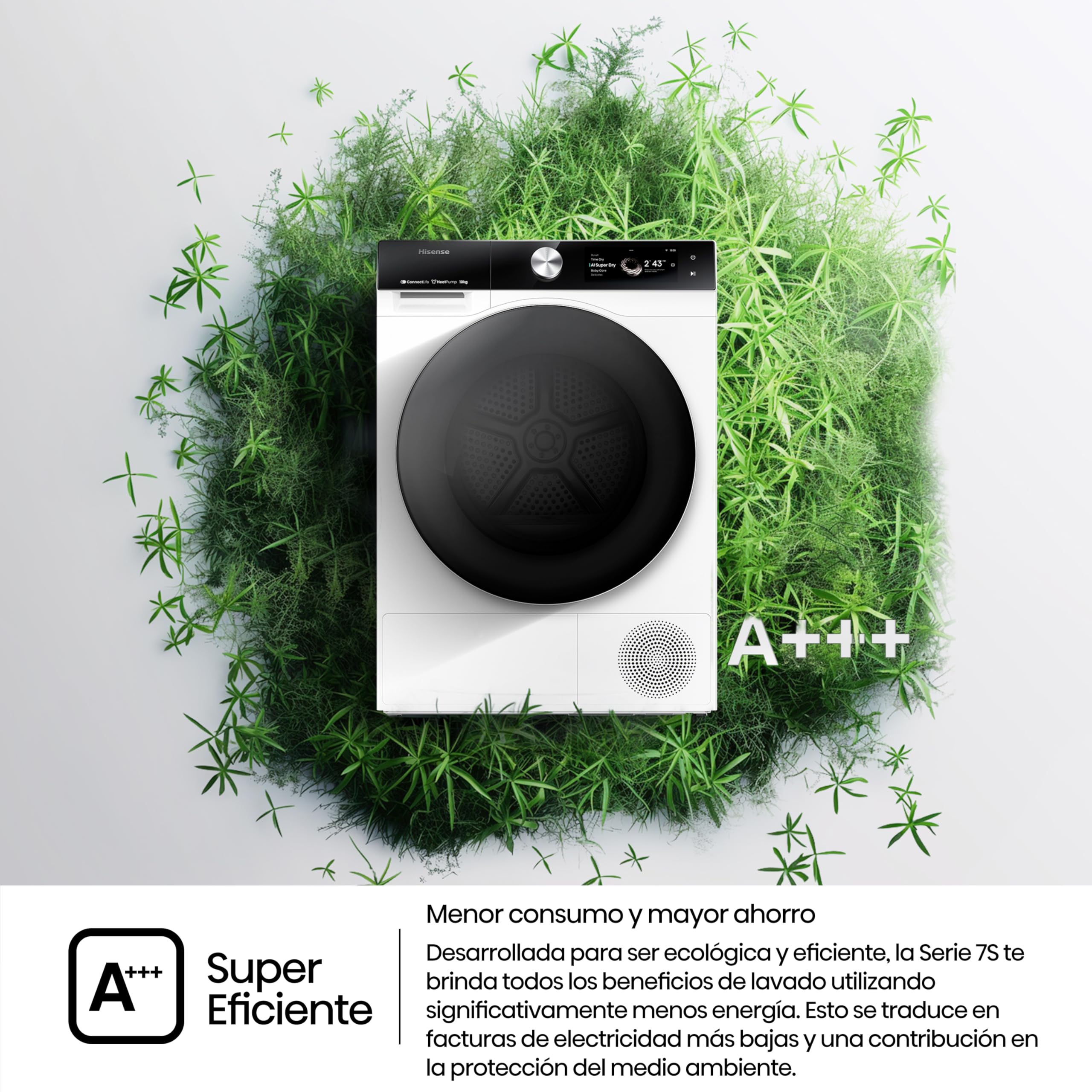 Hisense DH7S107BW - Secadora, Clase A+++, 10 kg, Pantalla Táctil, Conectividad WiFi, Monitor de Consumo, Función Ion Refresh, Auto-Dry IA, Secado Rápido, Blanco
