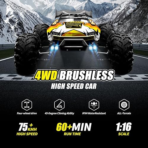 Miniatura 4 de Autos RC sin escobillas para adultos y niños, camión RC rápido máximo de 75 KPH, auto de control remoto 4WD todo terreno con 60 minutos de tiempo de