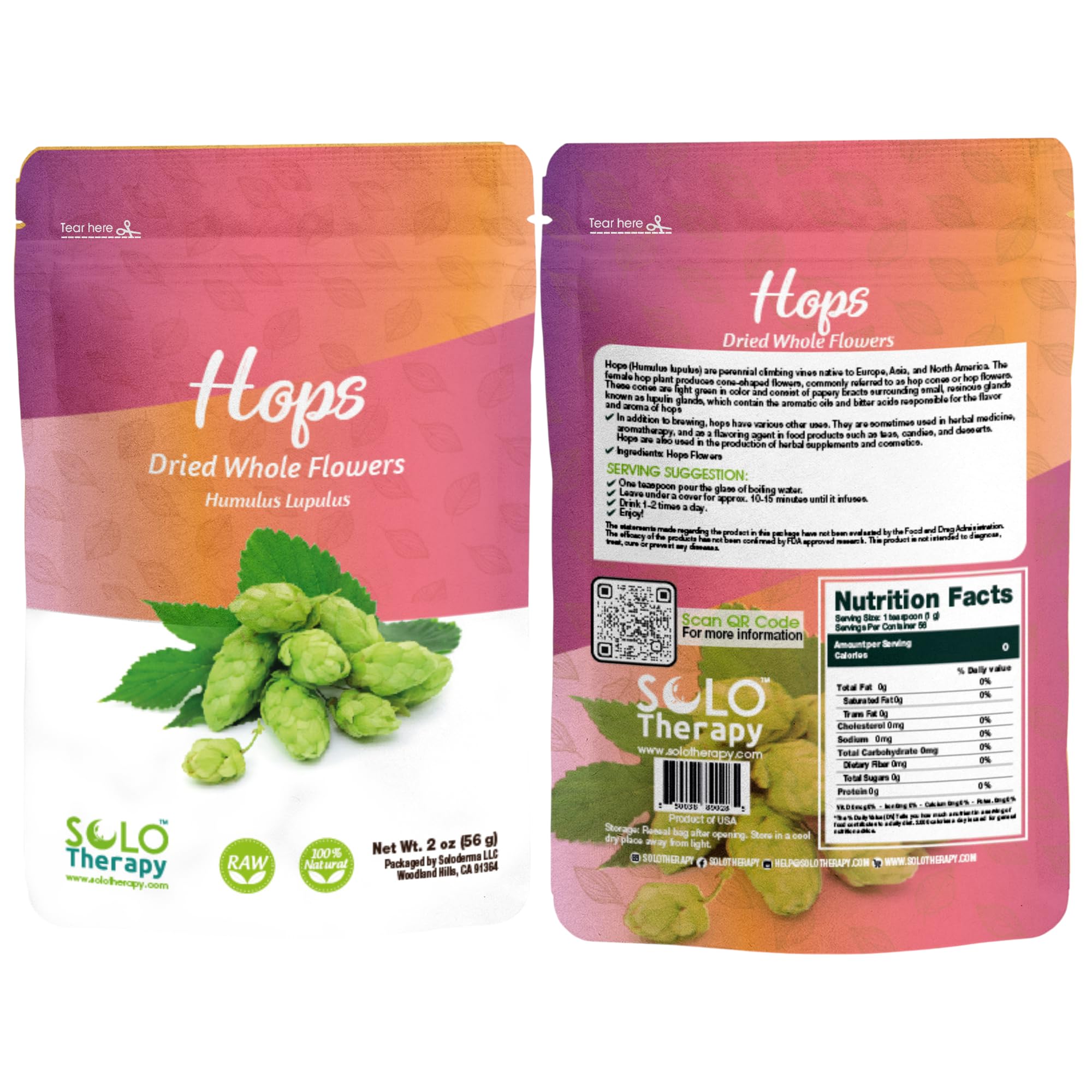 Solo Therapy Hops Flowers 2 oz , Hops Flowers Dried , Resealable Bag, Dried Humulus lupulus Loose Tea , Hops Tea