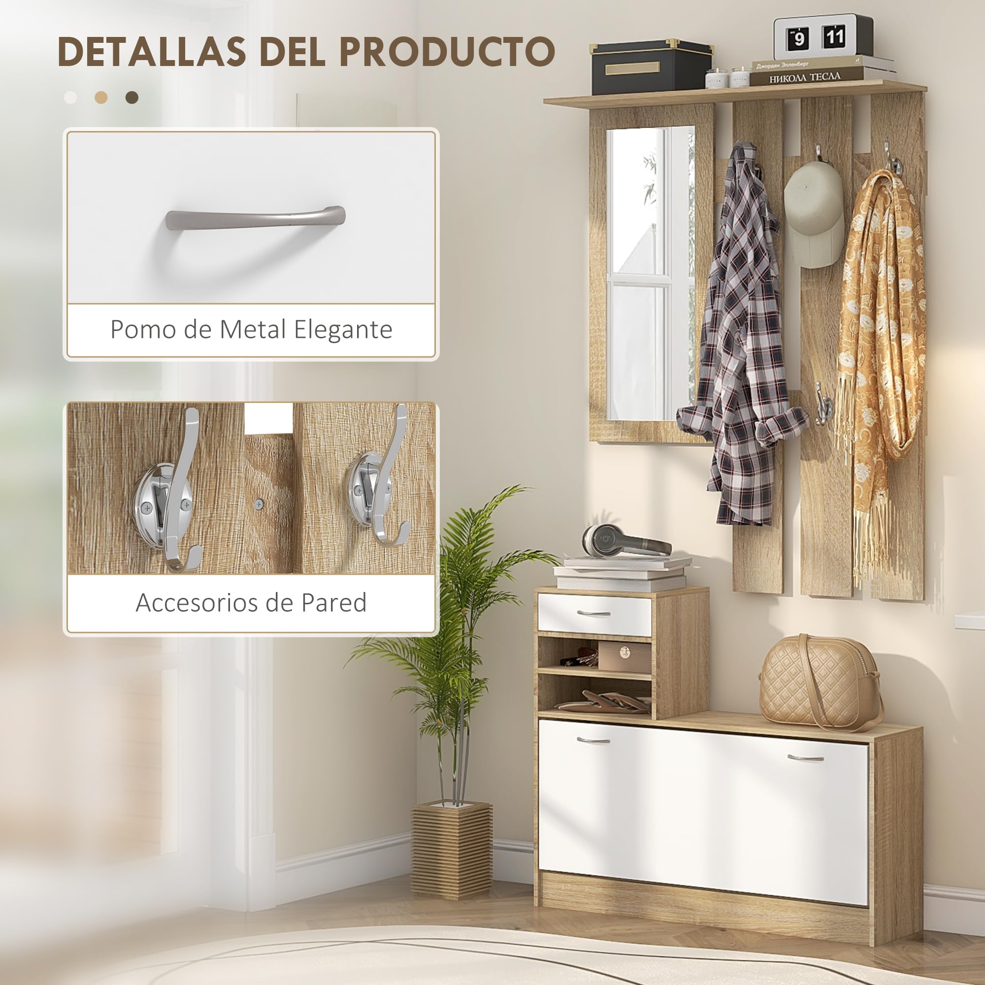 HOMCOM Recibidor de Entrada con Espejo Perchero y Zapatero Mueble de Recibidor de 2 Piezas con 6 Ganchos Estantes y Cajón Abatible para Pasillo Natural