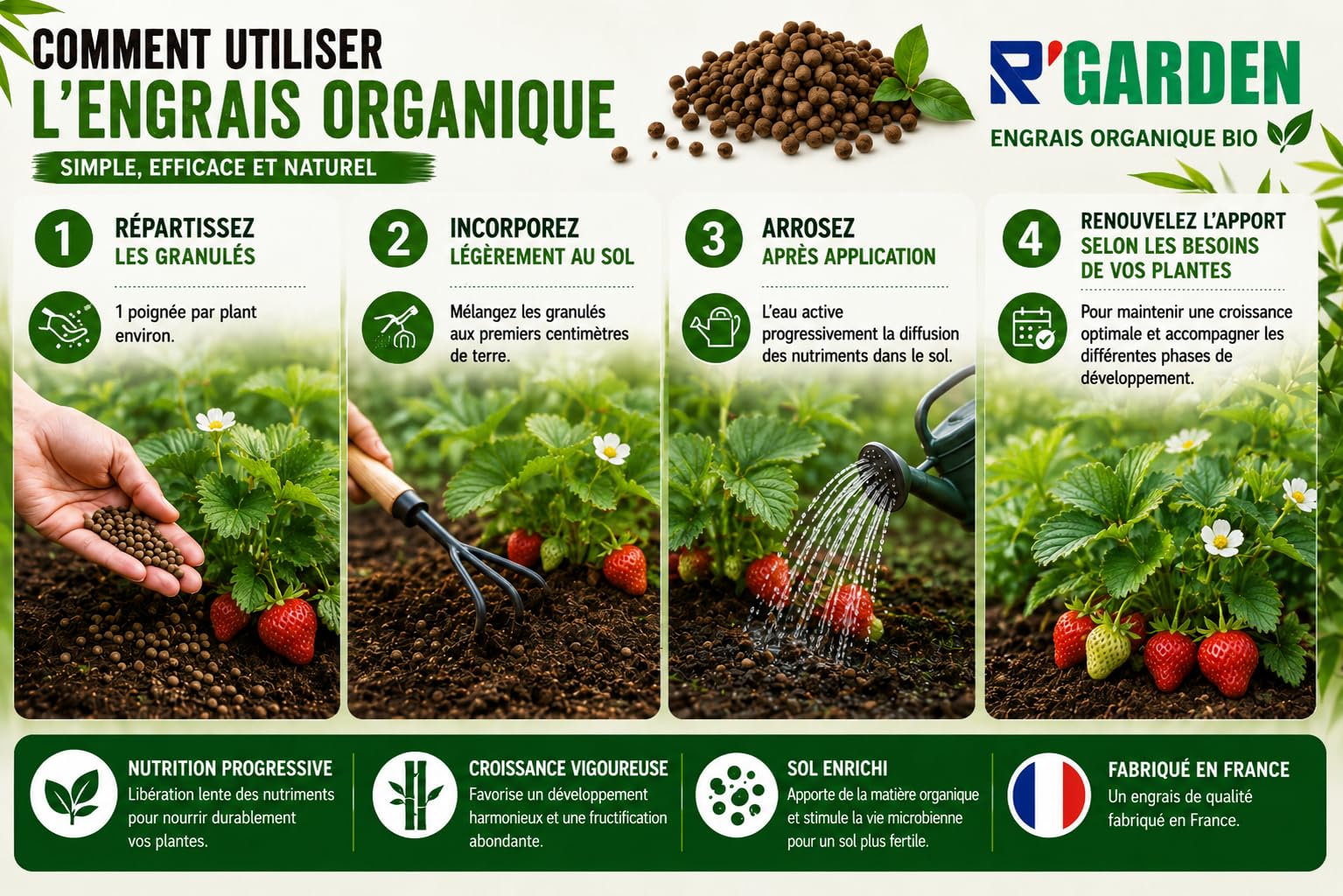 R’GARDEN – Engrais organique Fraise, Framboise & Fruit Rouge – Récoltes abondantes – Action lente et progressive – Fabriqué en France (3Kg)