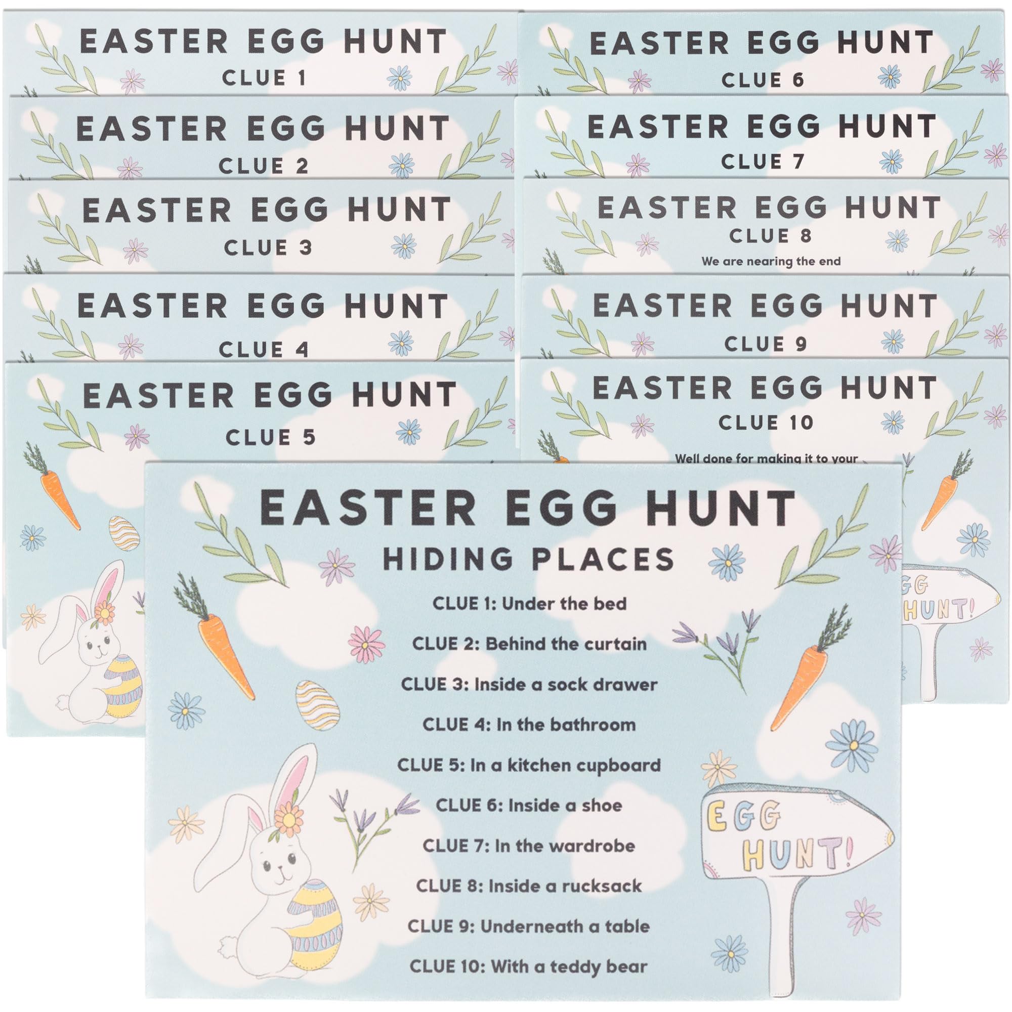 Evelay Blue & White Indoor Easter Egg Hunt Clues Pack Of 10 | Fun Party Trail Game Cards With Hiding List | Easter Activity For Home Celebrations