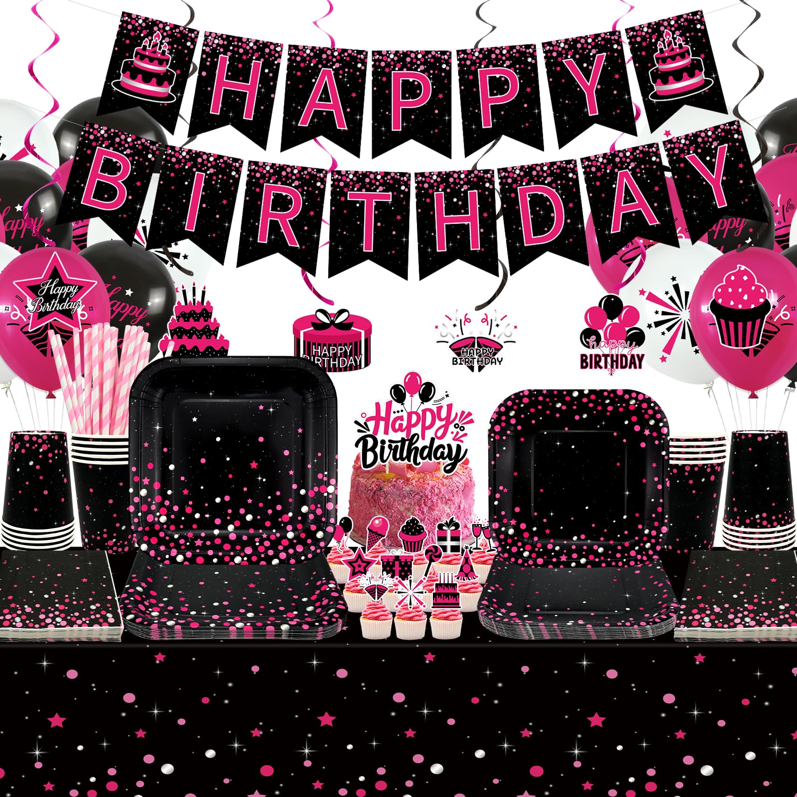 Obussgar Pink and Black Party Supplies - Pink Black Birthday Party Decorations including Banner, Plates, Cake Toppers, Cups, Napkins, Tablecloth - Serves 20 (LQ)
