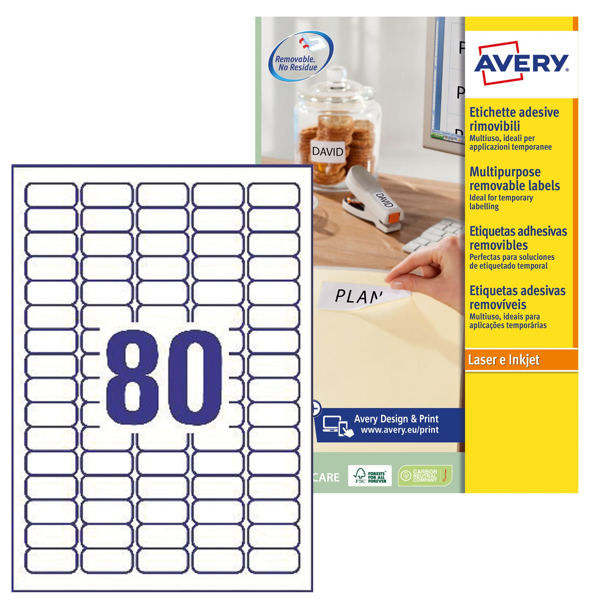 Avery L4732REV-​25 Etichette Rimovibili, 80 Pezzi per Foglio, 25 Fogli, 35.6 x 16.9, Bianco