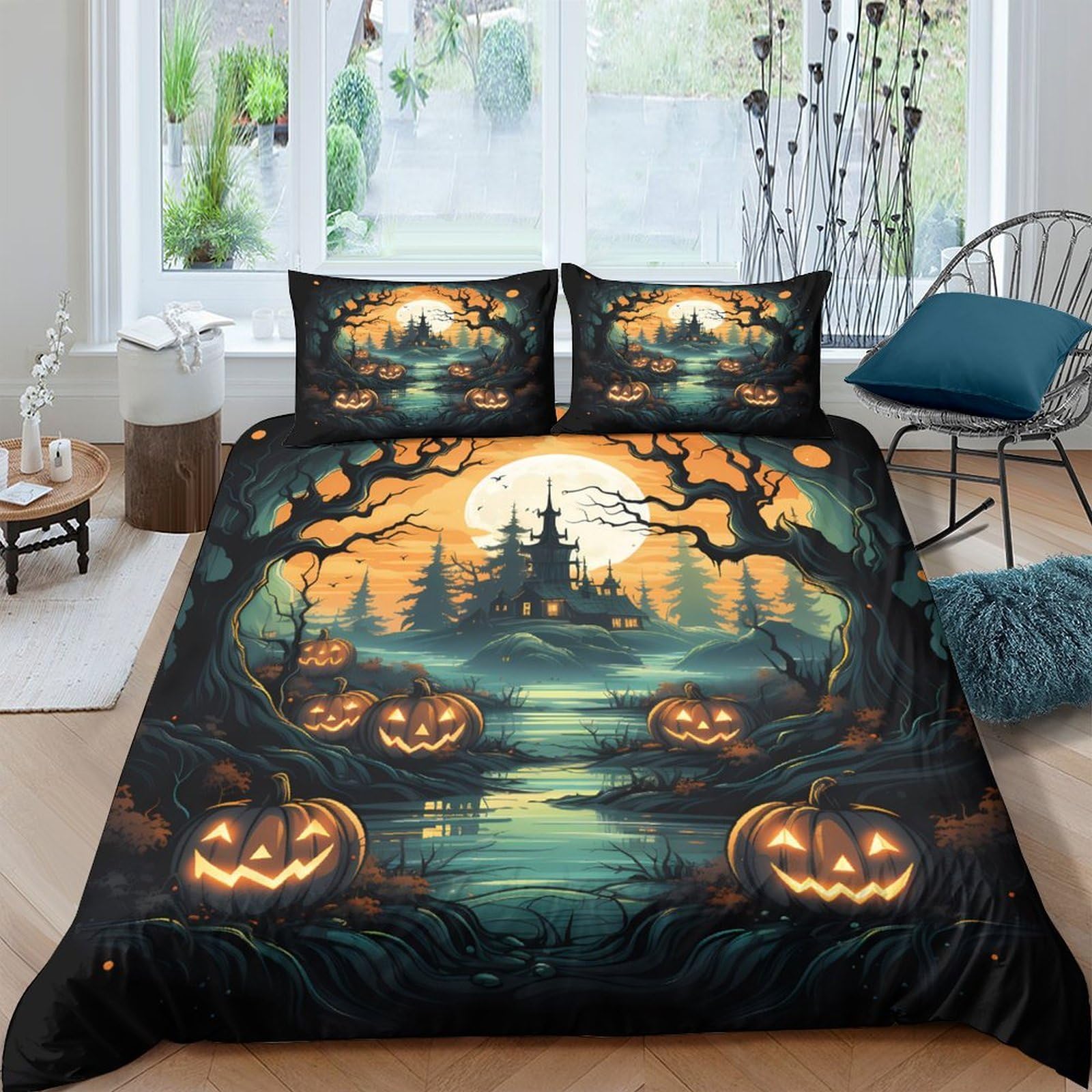 Ctjqhvkz Style-2 3D Printed Halloween Castle Fitted Sheet Microfiber Pumpkin Ghost Bed Cover For Bedroom Dorm Guest Room Decoration Single（135X200cm）
