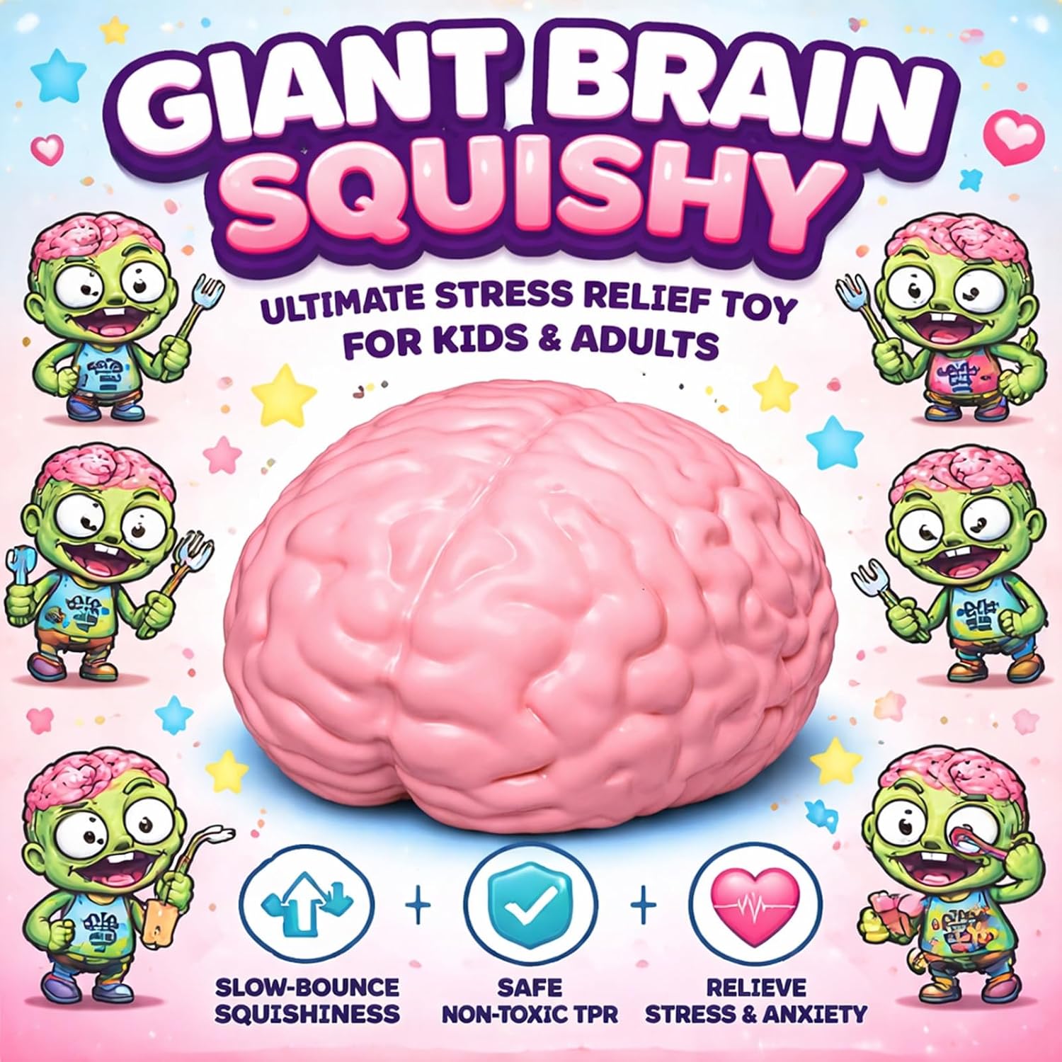 Giant Brain Squishy, Jumbo Squishy Pink Brain Stress Ball Funny Slow Rising Squeeze Toys Large Sensory Desk Fidget for Adults Anxiety Relief Large Soft Non-Sticky Moldable Novelty Gift(2pcs)