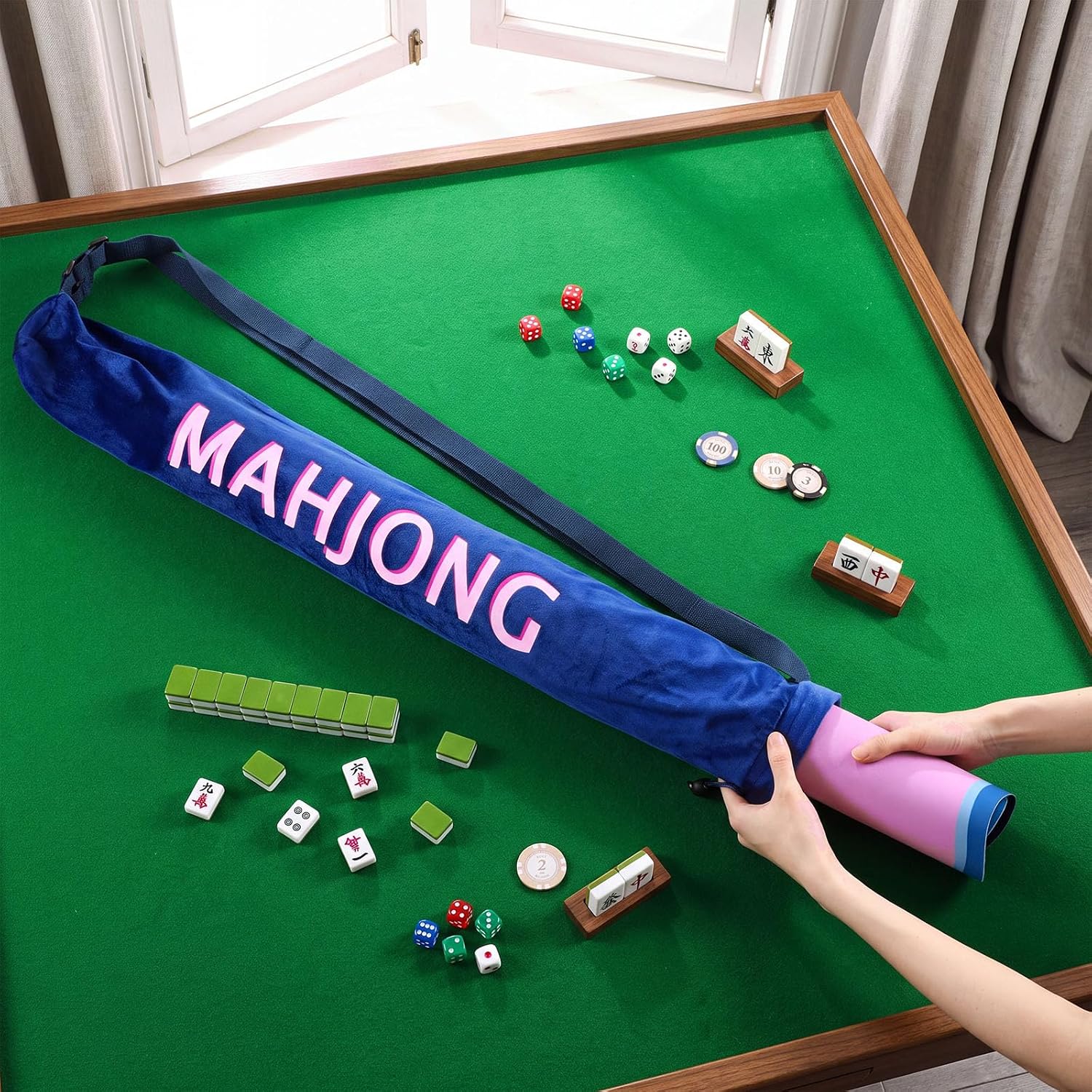 35 Inch Long Velvet Mahjong Mat Bag and Storage, Navy Blue image 4