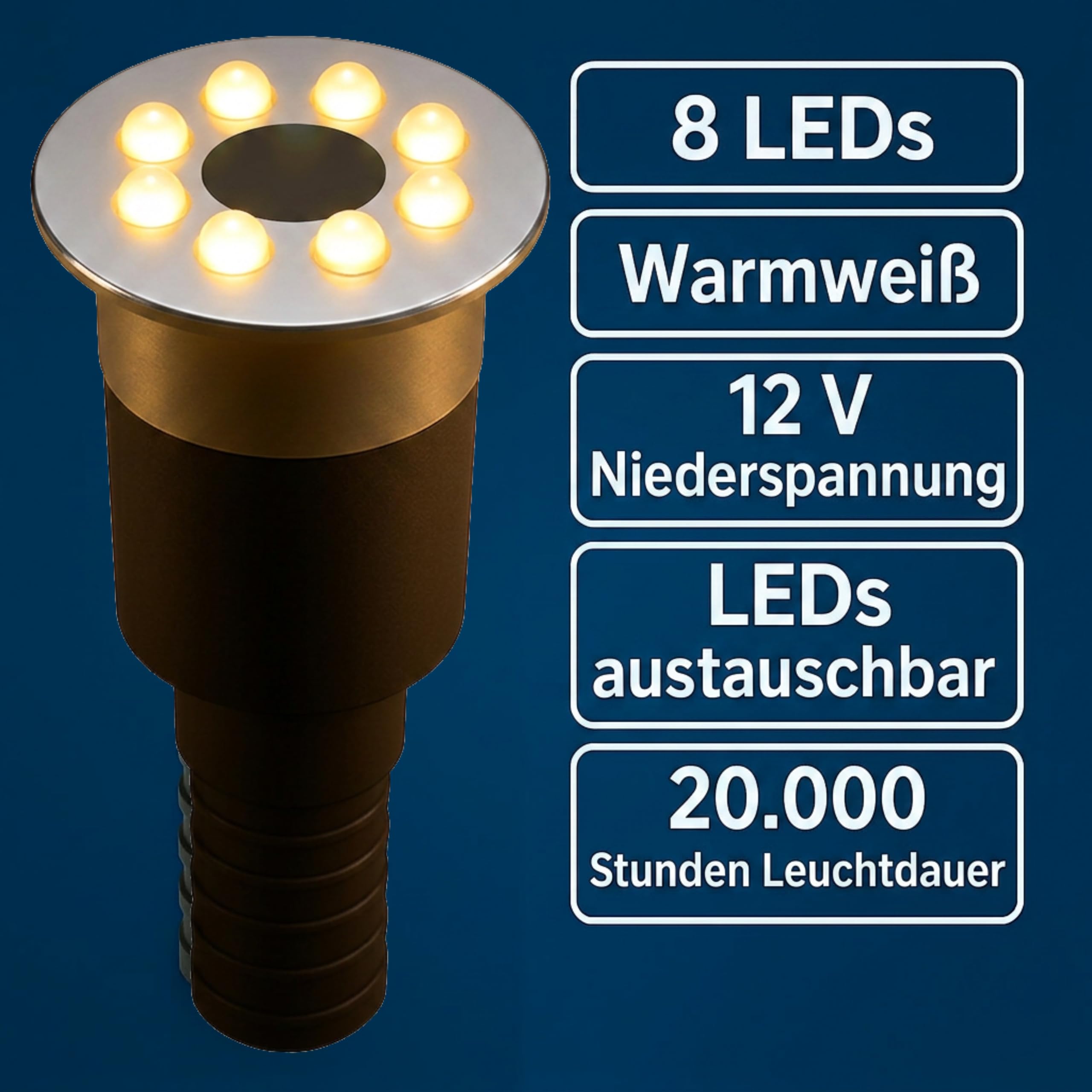 Wasserspielleuchte warmweiß, inkl. Trafo, 0,6 Watt, IP68, 12V, 103 LUX, 650 cm Kabel, 8 LED, LED Ring Brunnen, Wasserspielbeleuchtung | Springbrunnen-Beleuchtung | Quellsteinbeleuchtung