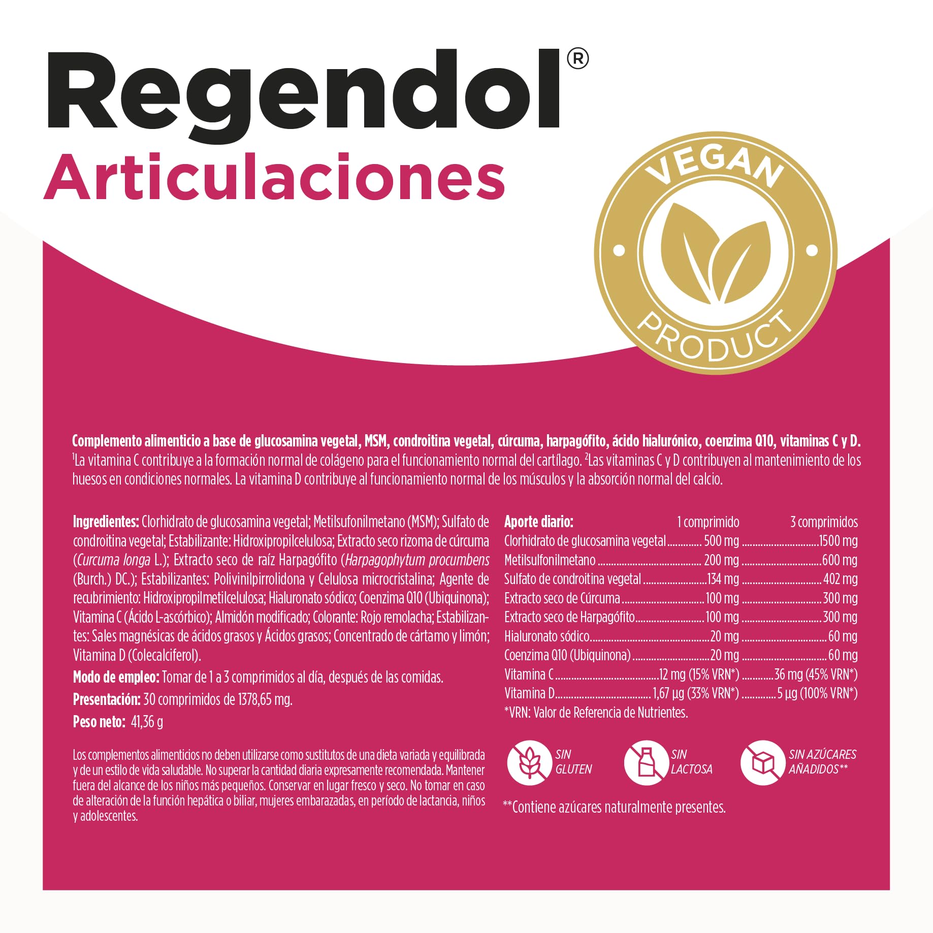 REGENDOL ARTICULACIONES VEGANO con Glucosamina y Condroitina - Antiinflamatorio Natural para Articulaciónes, Huesos, Musculos - Con Vitamina C y D, Q10, MSM, Acido Hialuronico y Curcuma | ELADIET