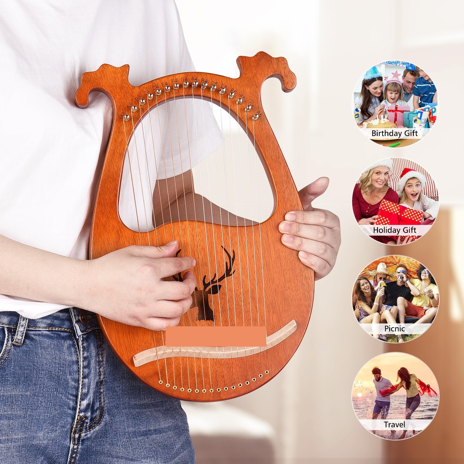 Arpa a lira Strumento a corde in legno massello for arpa a lira a 16 con for martello accordatura motivo alce for principianti