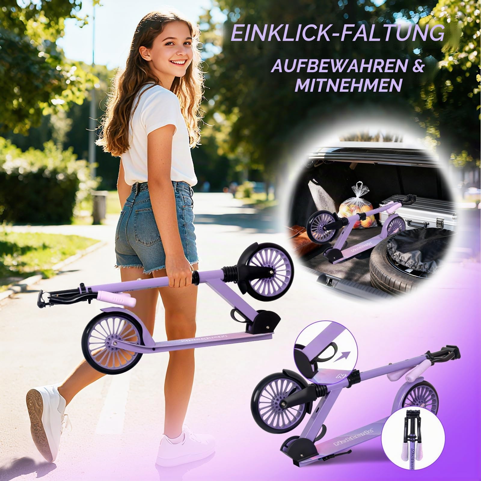 Nattork Kick Scooter - Roller Kinder bis 100 Kg für Teenager & Erwachsene, Cityroller Tretroller Höhenverstellbarer & klappbar, Kinderroller mit 200 mm Große Räder