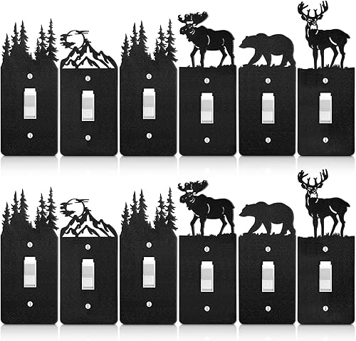 Miniatura 8 de Kingdder 12 piezas de cubierta de interruptor de luz de oso de metal, alce, árbol, montaña, alce, placa de interruptor de luz negra, cubierta de