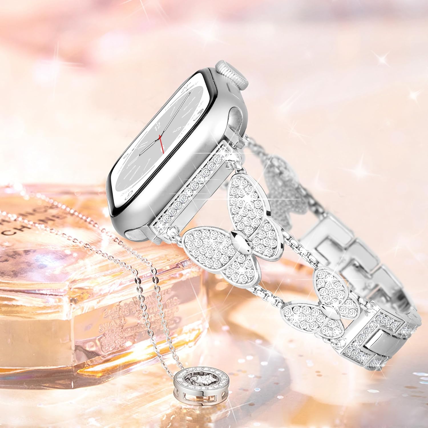 wipalor Bling Metal Band for Apple Watch Bands for Women 41mm 40mm 38mm, Thin Dressy iWatch Bands, Slim Cute Butterfly Bracelet for iPhone Watch Bands Series 9 SE 8 7 6 5 4 3 2 1 -Silver
