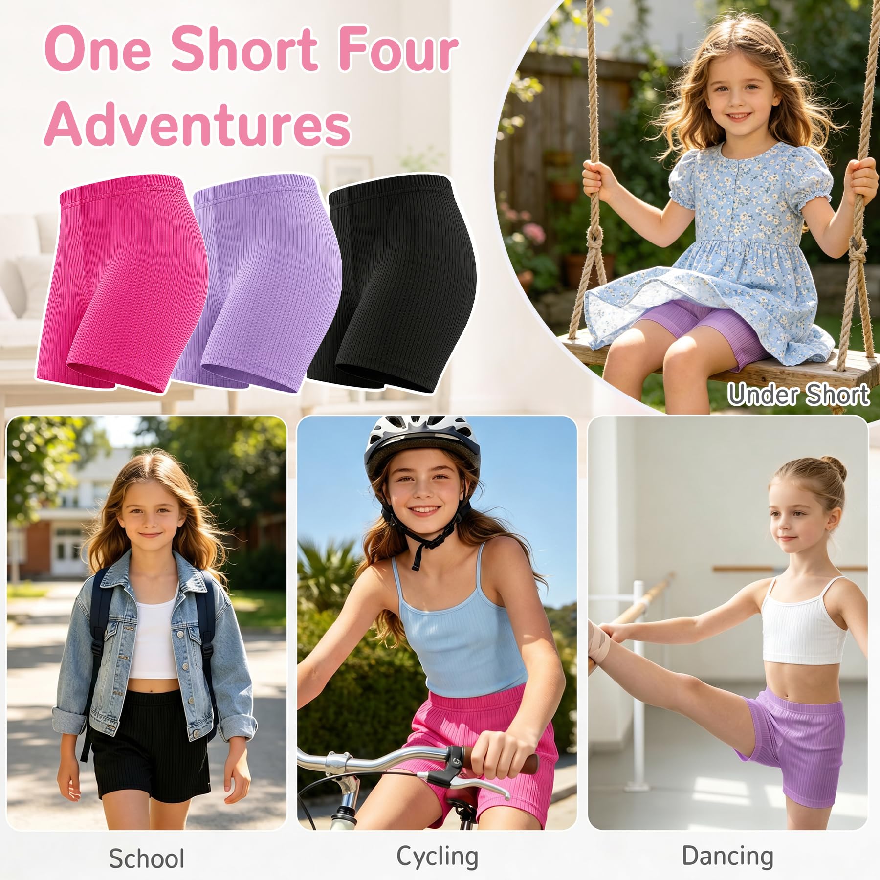 Pantalones Cortos de Ciclismo Niñas, Algodón Leggings Cortos con Cintura Elástica, Transpirable Diseño Acanalado Shorts Bailar Gimnasia para Infantil 5-16 Años, Lote de 3