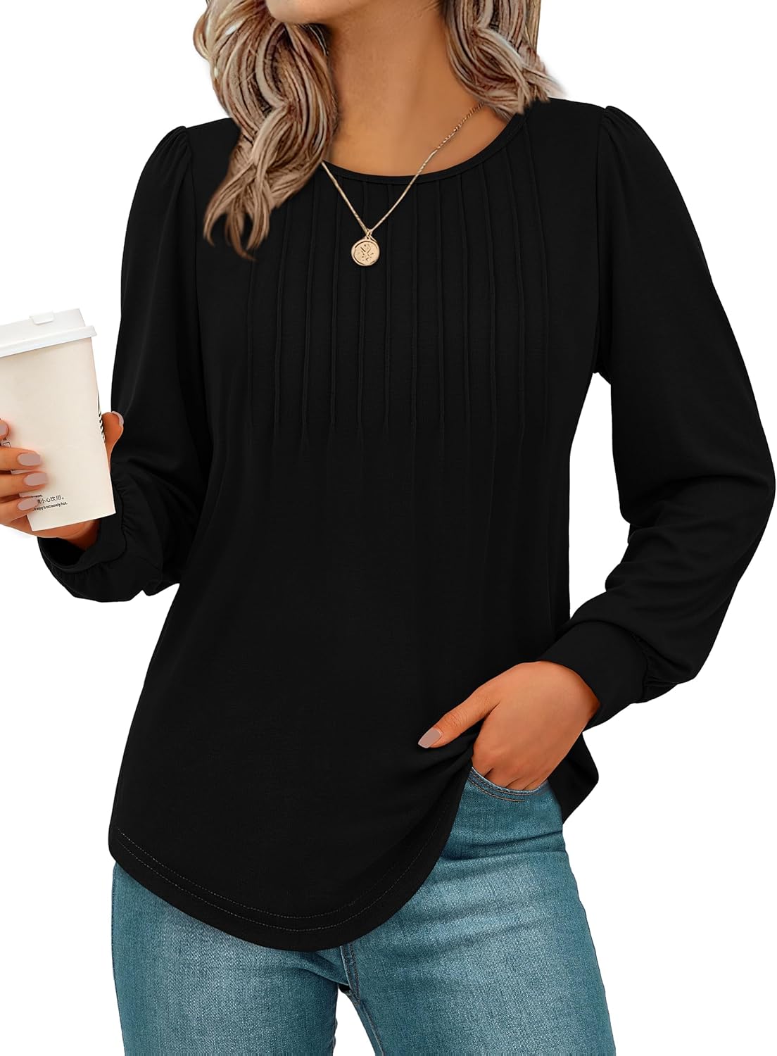 NALANISA Women's Fall Tops 2025 Trendy Pleated Crew Neck Puff Long Sleeve Blouses Dressy Casual Loose Fit Tunic Work Clothes Small Black
