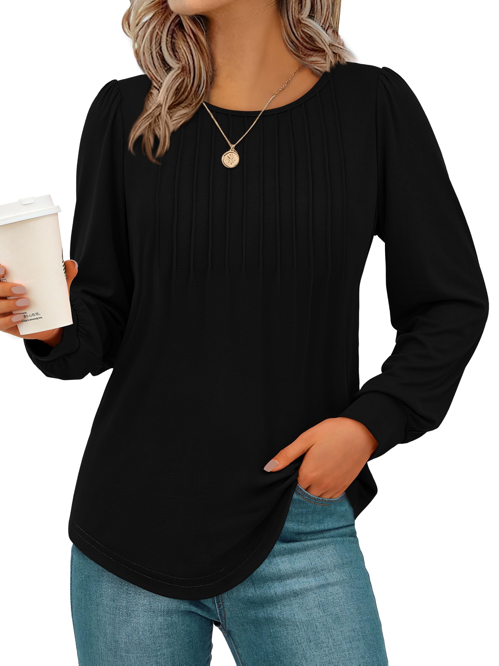 NALANISA Women's Fall Fashion Tops 2024 Crew Neck Pleated Puff Long