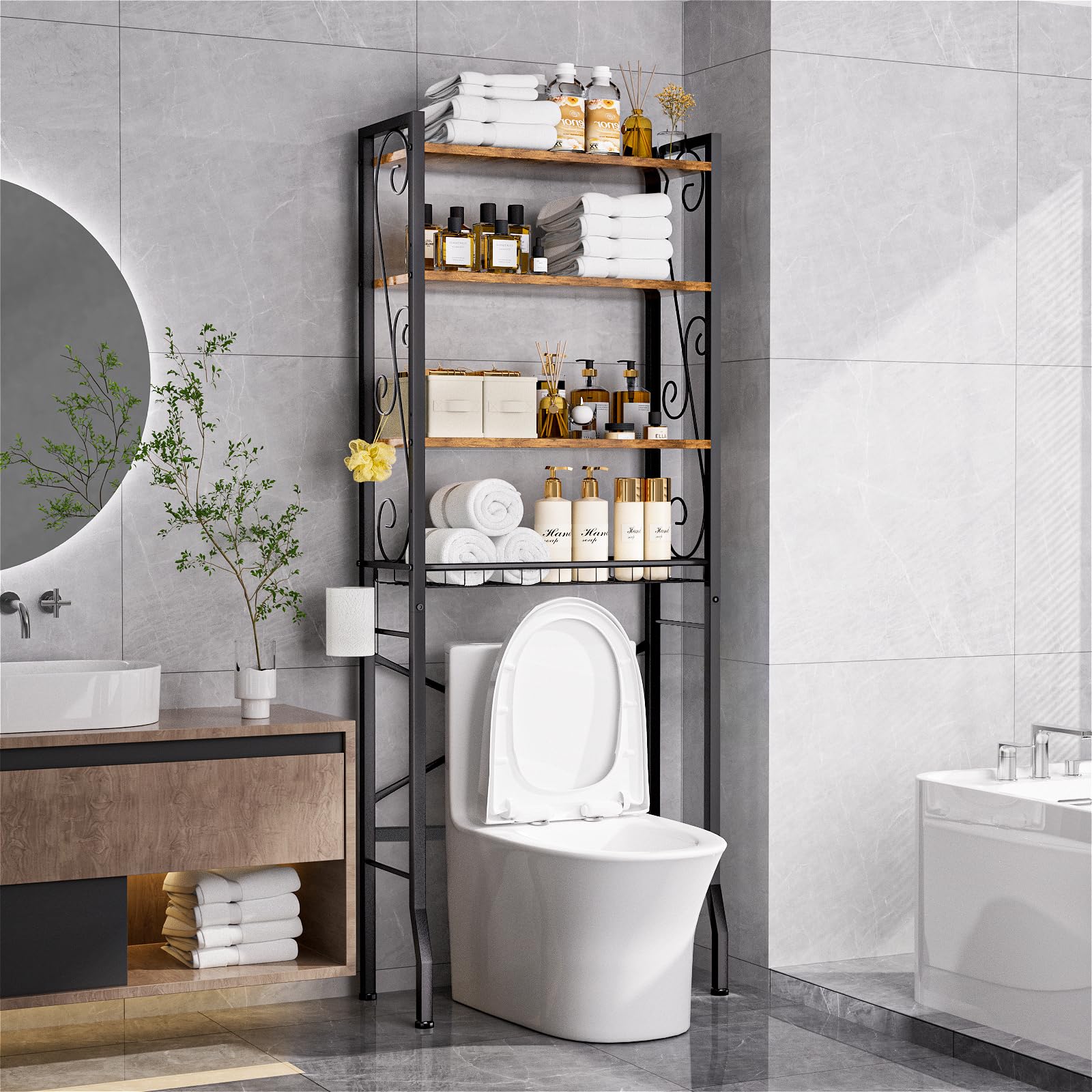 Photo 1 of **UNTESTED**
Over-The-Toilet Storage Rack 4-Tier,Bathroom Organizer Shelf Over Toilet,Adjustable Wooden Shelves and Basket,Freestanding Above Toilet Shelf,Space Saver for Rooms(Black Rack-Rustic Brown Shelves)