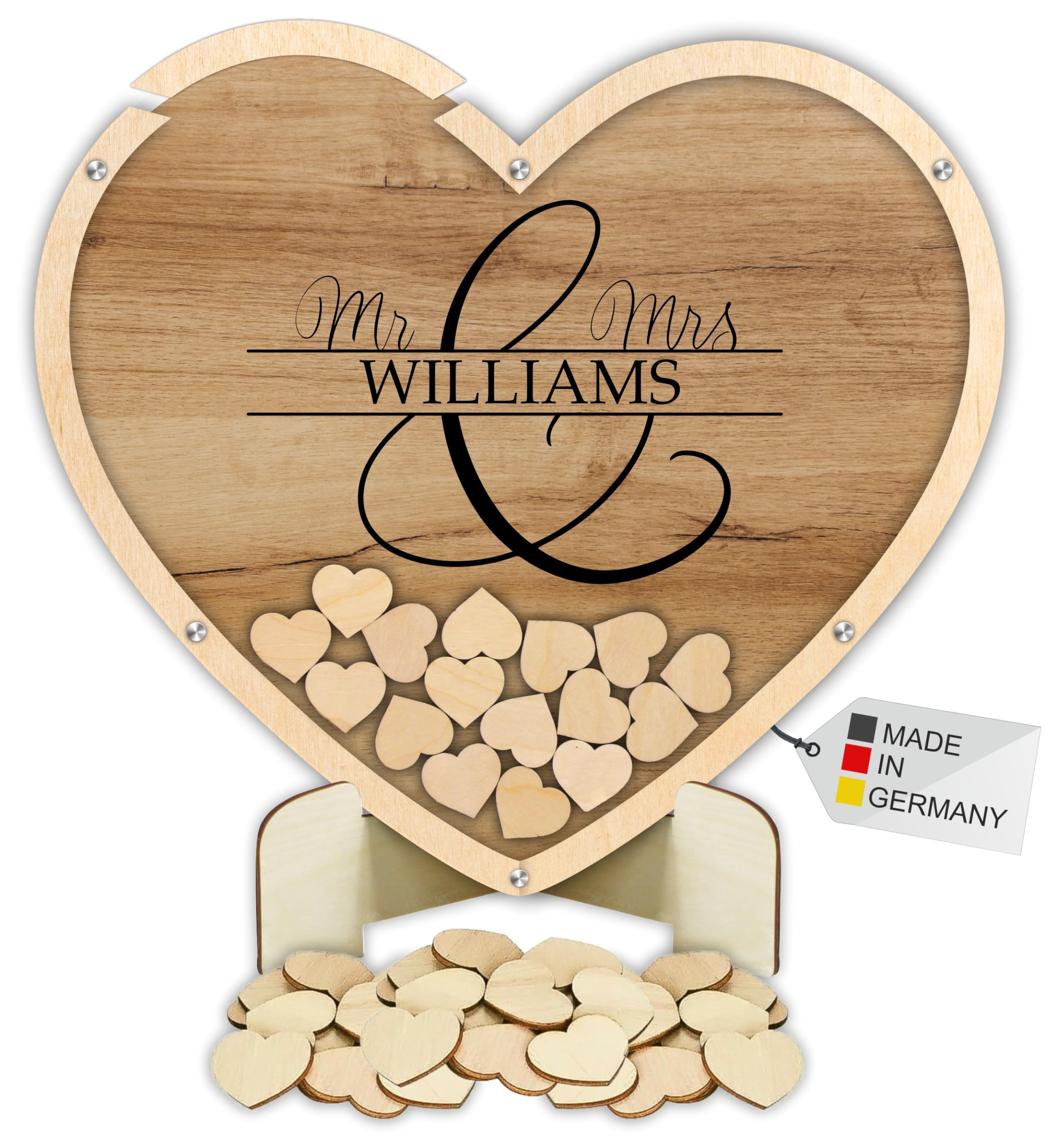Manschin-Laserdesign Gästebuch Drop in aus Holz und Acrylglas zur Hochzeit, personalisiert, Wunschgravur, Wunschfarbe inkl. Herzen (Holz)