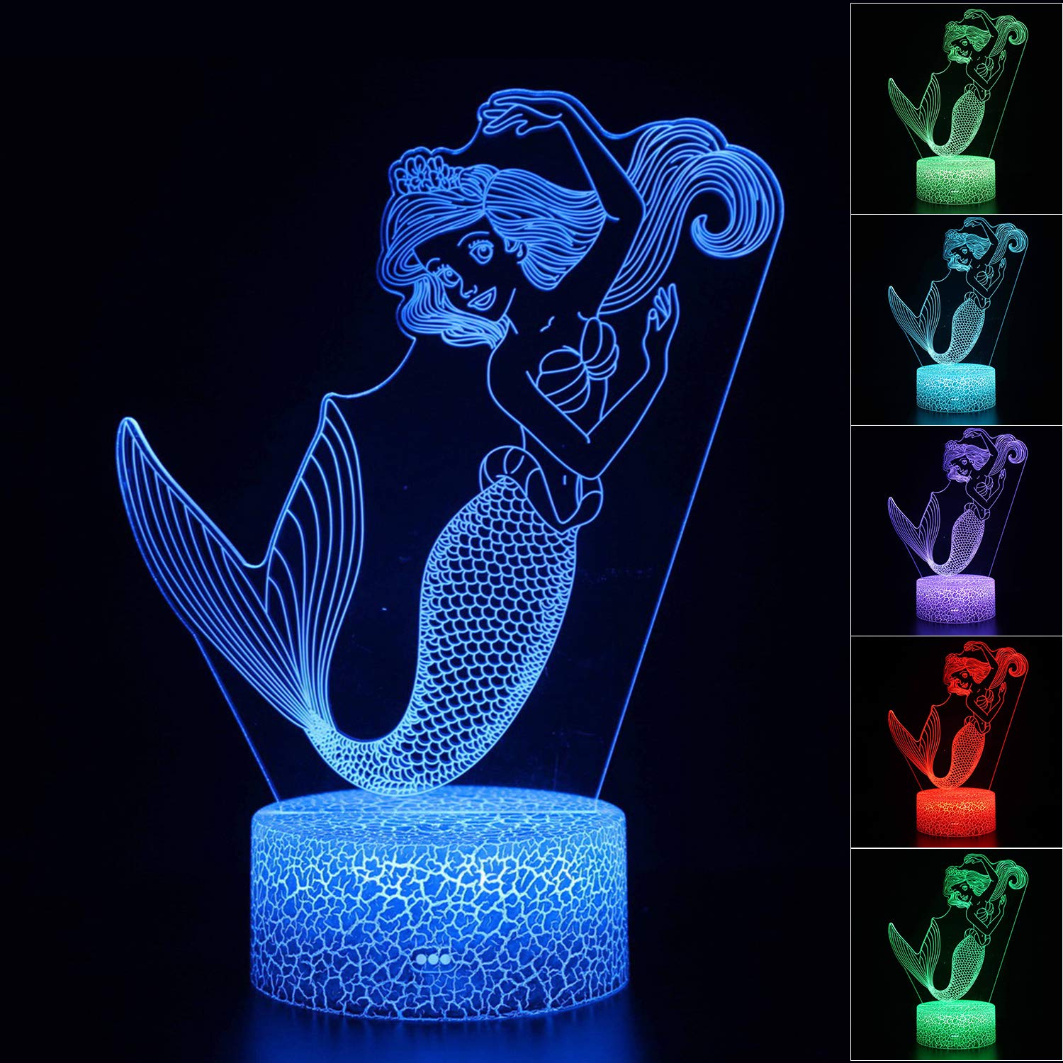 AZALCO Mermaid 3D Night Light for Girls,16 Colors Dimmable Mermaid Table Lamp with Touch Switch Luminous Base & Remote for Kids Birthday Gifts
