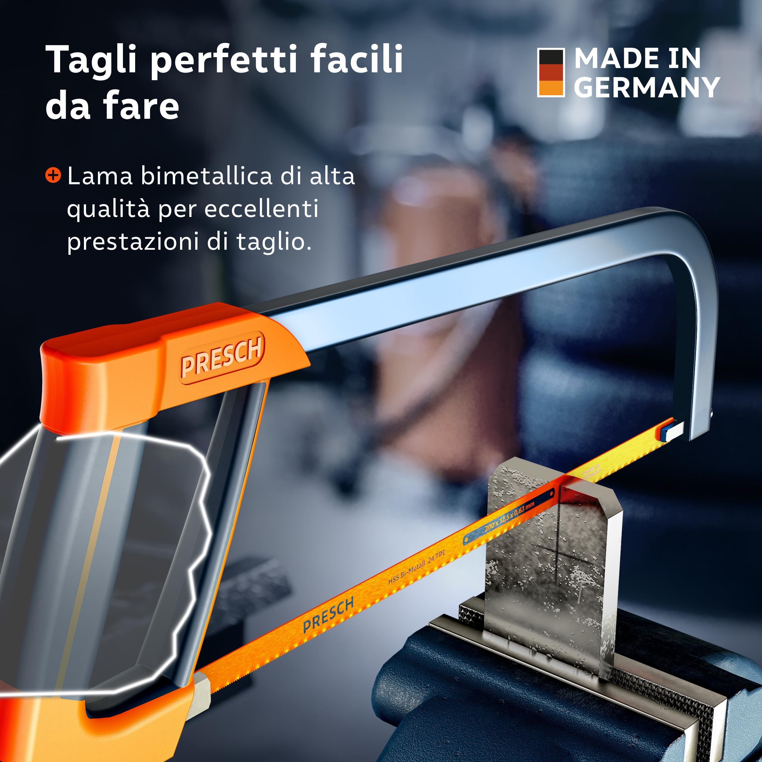 Presch Seghetto per metallo 300mm - Con lama in metallo BI per un taglio preciso - Rotazione della lama di 90° per tagli orizzontali e verticali - Manico ergonomico con chiave di tensione inclusa