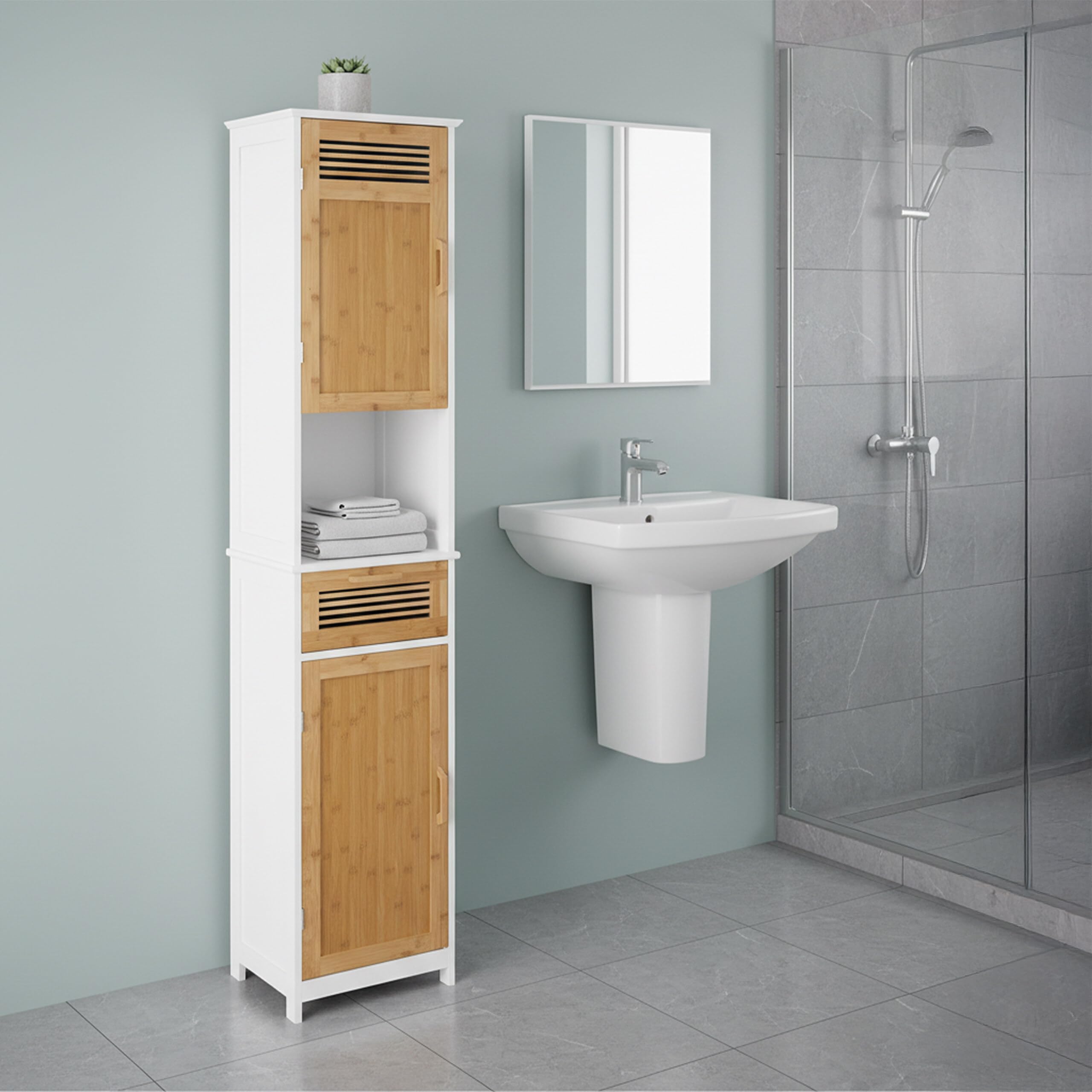 Relaxdays Armoire Haute Salle de Bain, 2 Portes 1 Tiroir, Colonne SDB HxLxP: env. 180x39x30 cm, Bois Bambou Blanc-Nature