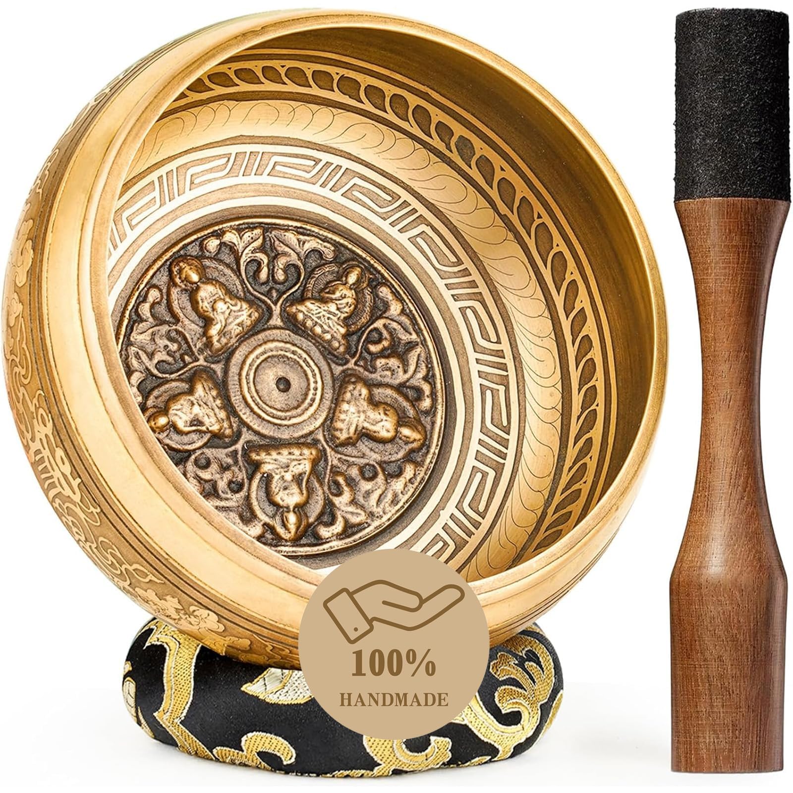 Hihealer Ensemble de Bols Chantants Tibétains Fait Main au Népal - Bol Sonore, Maillet, Coussin et Boîte Cadeau; Méditation, Yoga, Guérison des Chakras (Bouddha, 16cm)