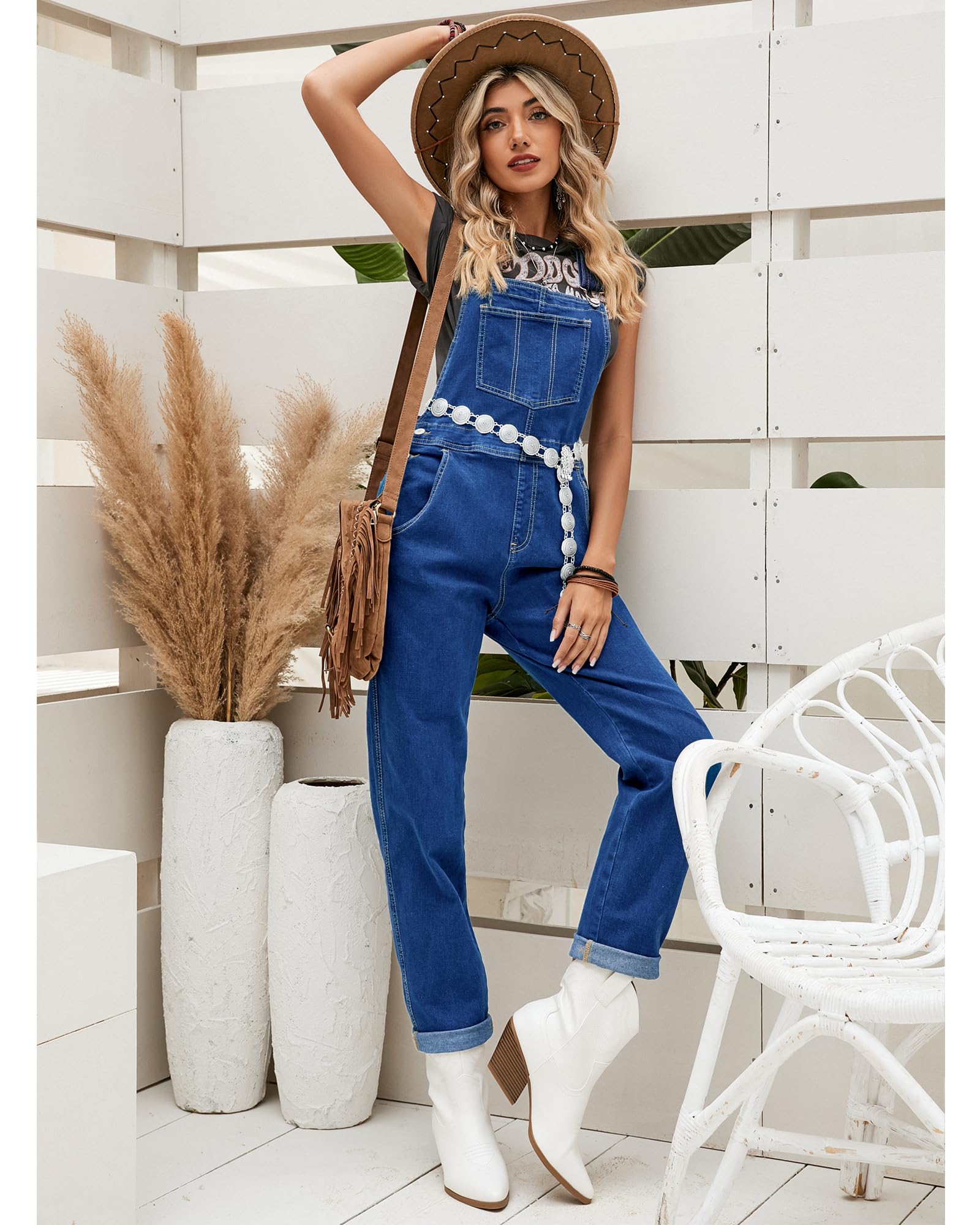 Roskiky - Salopette casual da donna in denim elasticizzato, con tasche