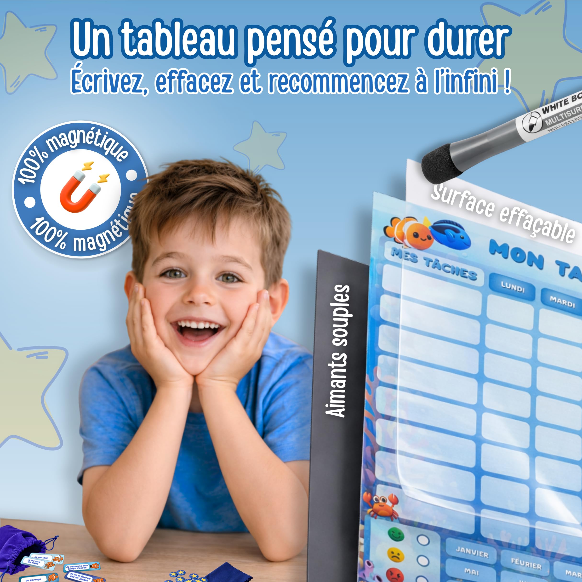 Tableau de récompense Enfant avec Humeur & Date – Tableau magnétique comportement & tâches Quotidiennes | Planning Enfant, Routine & Bon Point | autonomie (Océan)