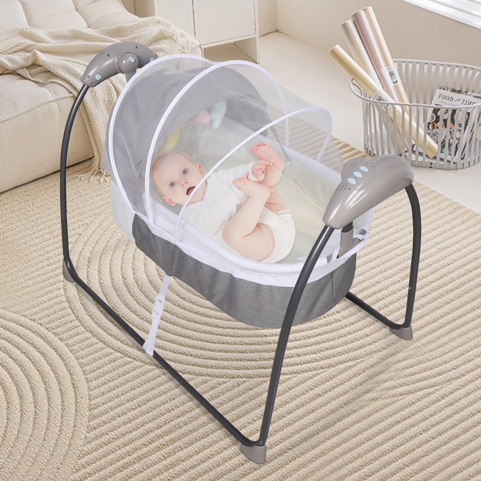Babybett Baby Schüttelbett 0-12 Monate 10kg 80x44x25cm 8-30min 3 Stufen | Elektrisches Babybett Babywiege elektrisch 180° flache Position 8/15/30min Timer Bluetooth Fernbedienung Moskitonetz