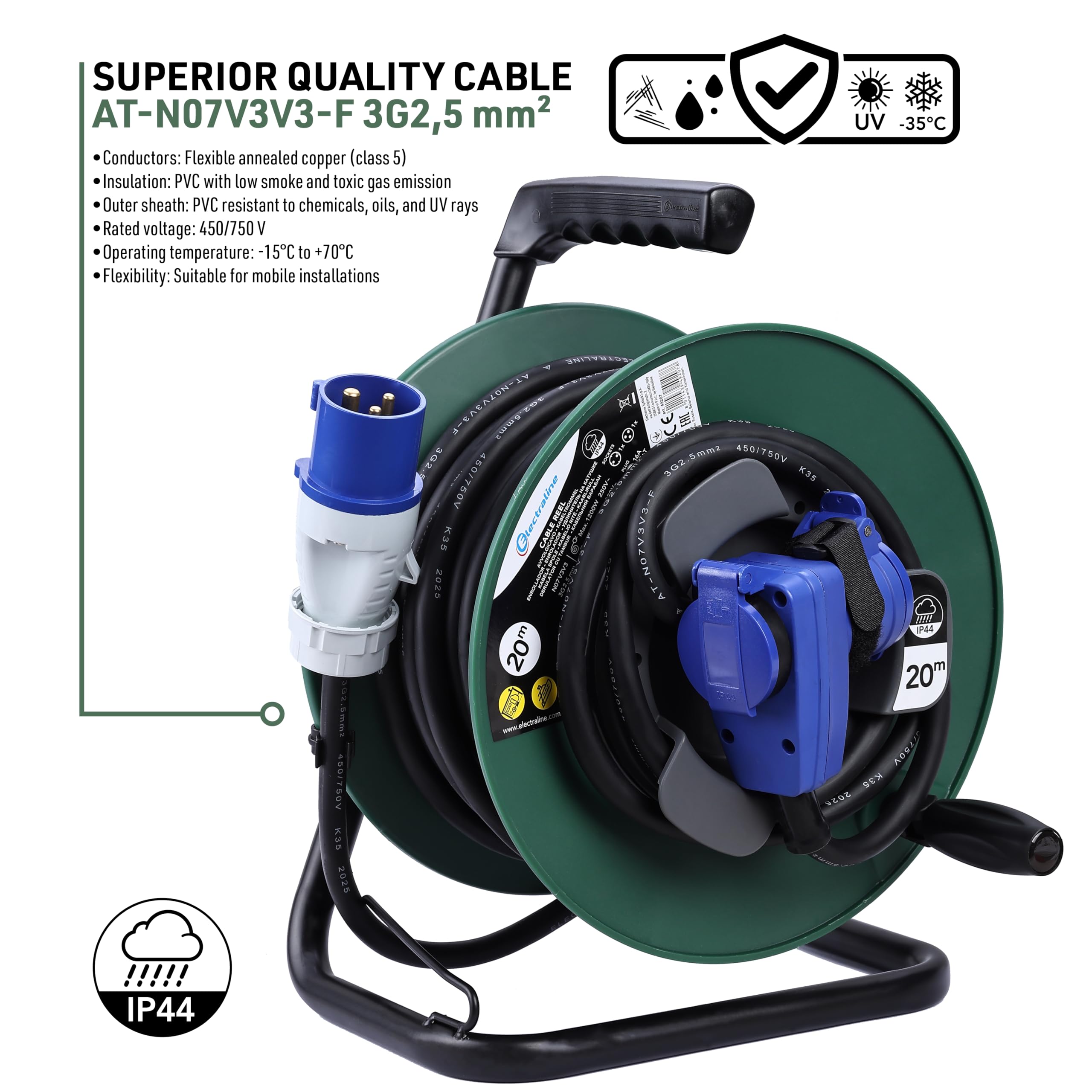 Electraline 49207 Rallonge avec enrouleur de câble 20M pour camping-car, camping, caravane, IP44, 2 prises (industrielle + Schuko), câble AT-N07V3V3-F section 3G2.5