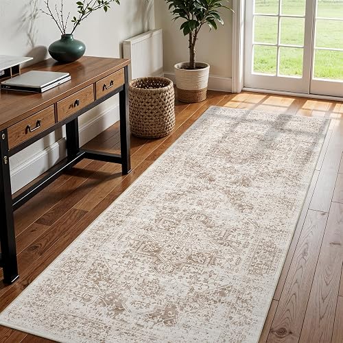 3x8 Washable Runner Rug Vintage Medallion Ivory Beige