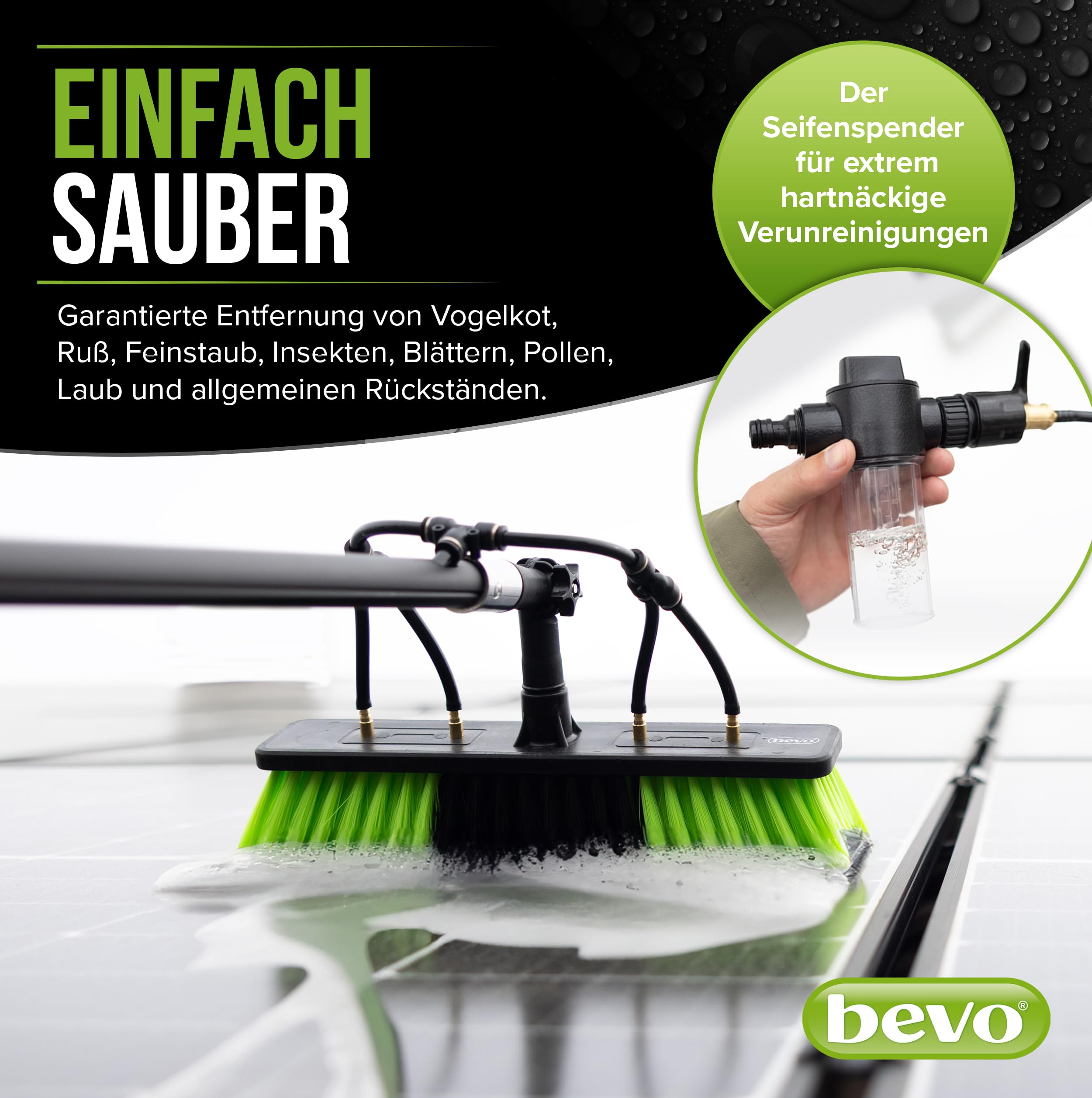 bevo - 4in1 Teleskop Waschbürste 7,2 M für Photovoltaik, Fenster, Wohnmobil & Dach-Reinigung - Teleskopstange & Teleskopbürste Reinigungs-Set mit Wasseranschluss, Reinigungs-Bürste & Wischer PV Anlage