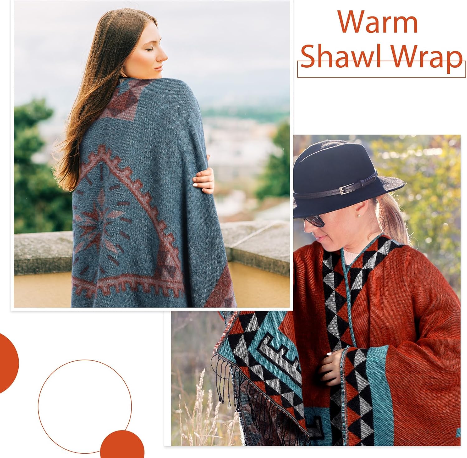 Women's Tassel Open Front Poncho Cape 51.2 x 61'' Reversible Winter Warm Shawl Wrap Printed Poncho Cardigan for Women - Image 6