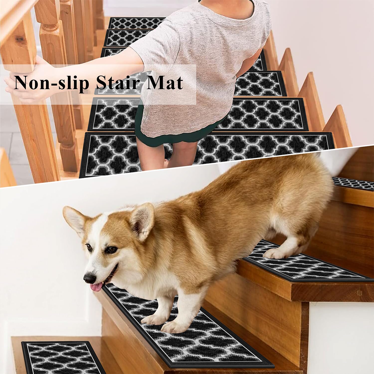 Non-Slip Stair Treads for Wooden Steps, Reusable Step Covers 8" X 30"(15-Pack) Anti Slip Indoor Staircase Carpets Protector, Safety Carpet for Stairs, Black Stair Pads Step Rugs for Stairs Wood