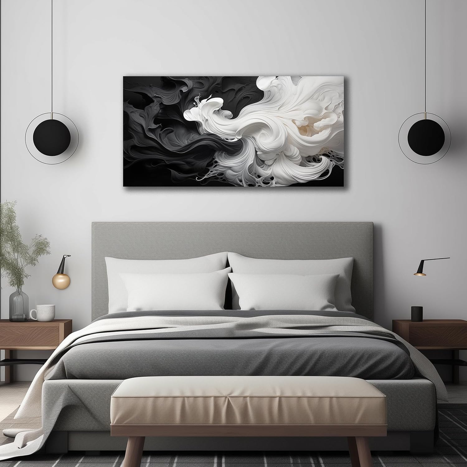 Abstract Black and White Wall Art for Living Room, Modern Minimalist Neutral Canvas Printed Painting Decorative-Picture Wall-Decor Artwork for Bedroom Dining Room Home Office, Size 40x20 Inches