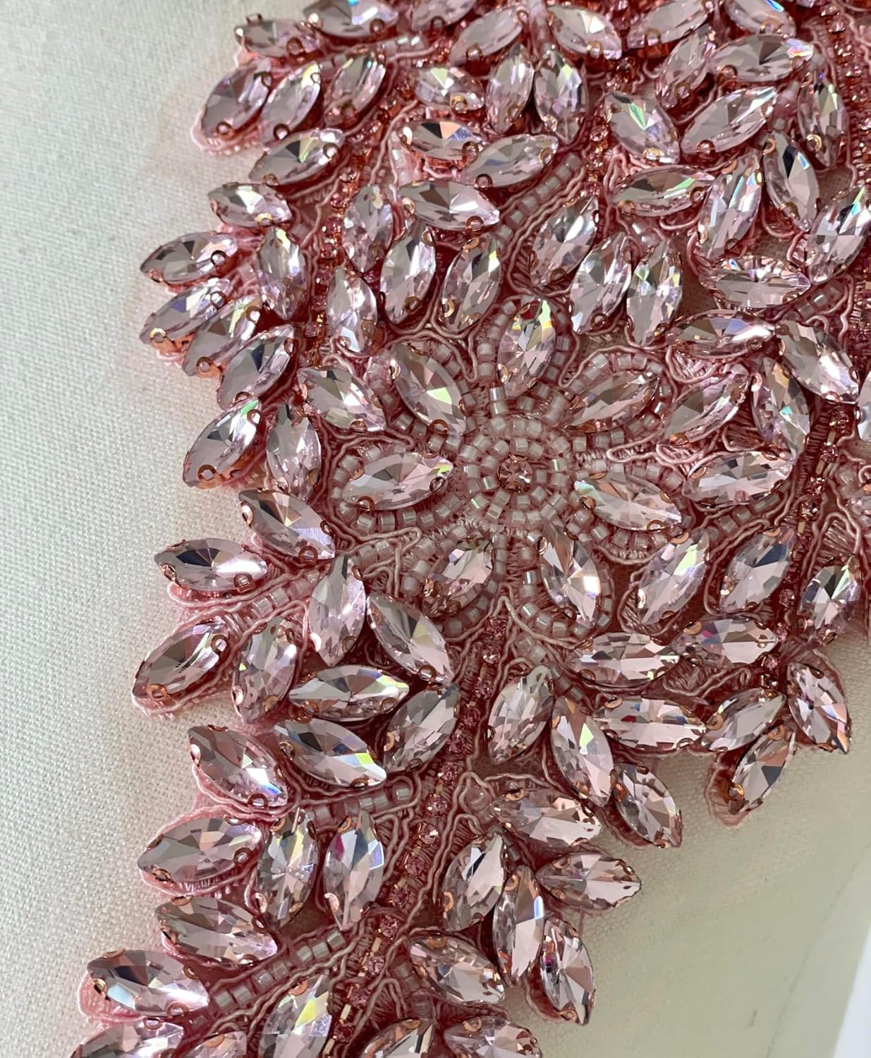 1 Pair Handmade Shining Pink Rhinestones Applique Patches Sewing Beads Sequins Stone Trim Accessories for Wedding Dress Decoration,10.7" *5.9" Leaf Flower Applique (Pink)