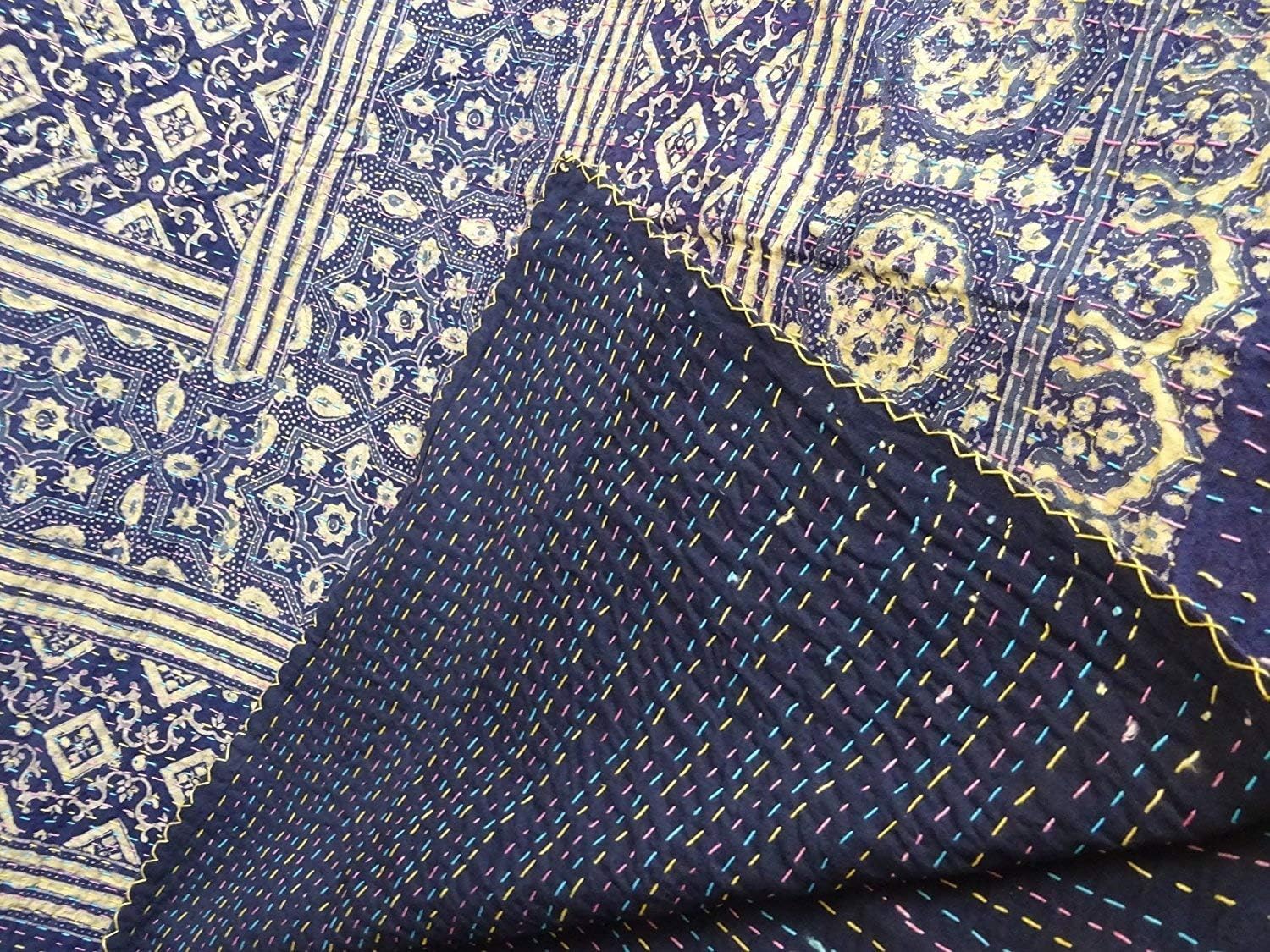 Blue Kantha Quilt Queen Size Hand Stitch Kantha Ajrakh Bedcover Indian Bohemian Kantha Ajrakh Quilt Throw Blanket Bohemian Kantha Bedspread