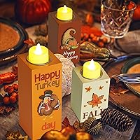 Vista 4 de BlcTec Decoraciones de Acción de Gracias para el hogar, 3 portavelas de madera con velas de té LED y artesanía de tallado 3D, centros de mesa